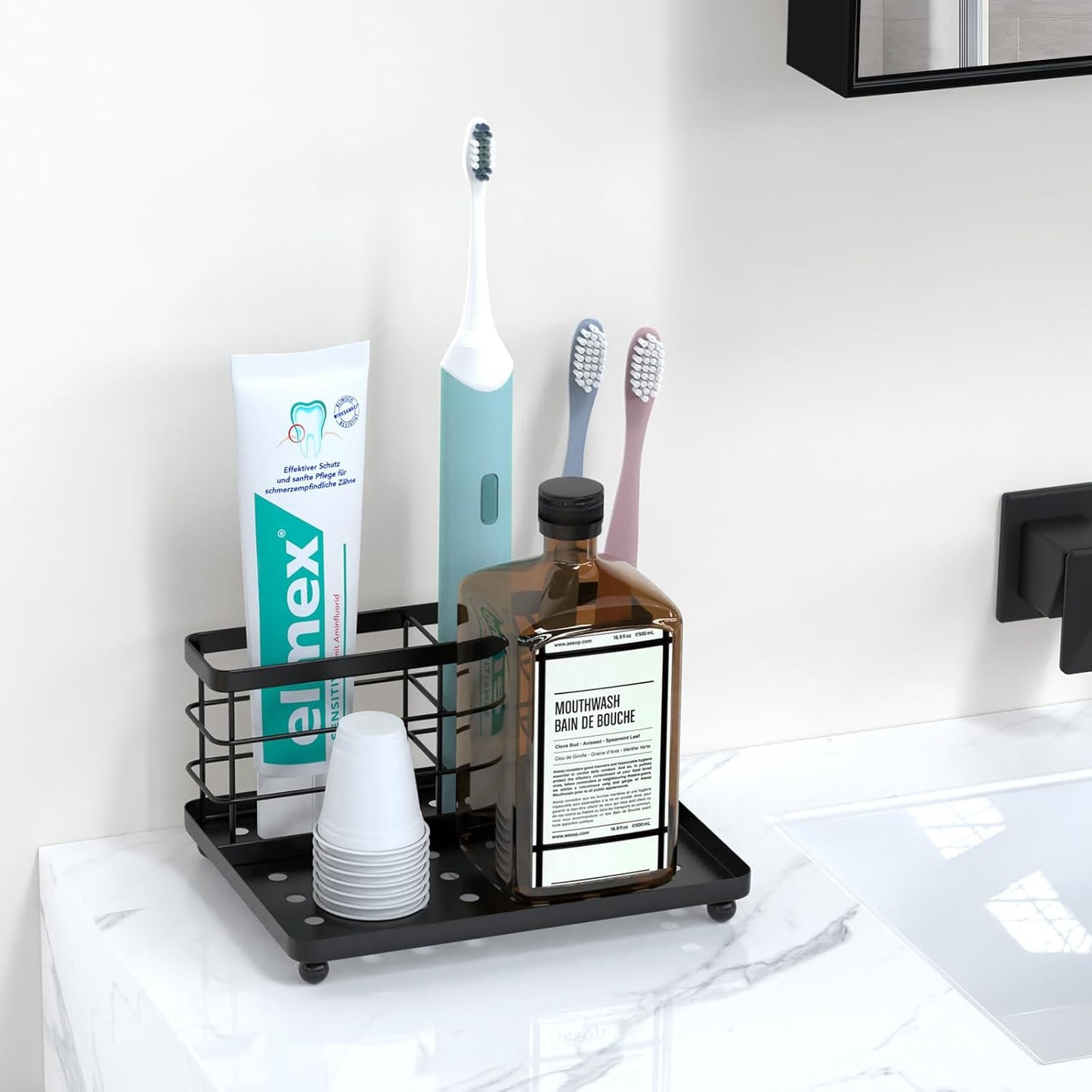 Luxspire Toothbrush Holders for Bathroom, Toothbrush Holder with Tray, Stainless Steel Holder for Toothbrush Toothpaste, Tooth Brushing Holder for Bathroom Countertop, 3-Slot, Black