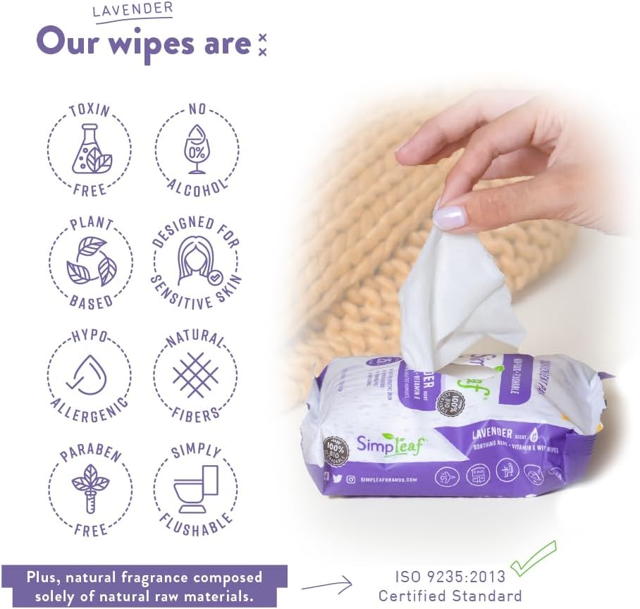 Simpleaf Flushable Wet Wipes Lavender| Eco-Friendly, Paraben & Alcohol Free | Hypoallergenic & Safe for Sensitive Skin | Soothing Aloe Formula | (24 x 25 Counts Convenient Pack) 600 Counts Total