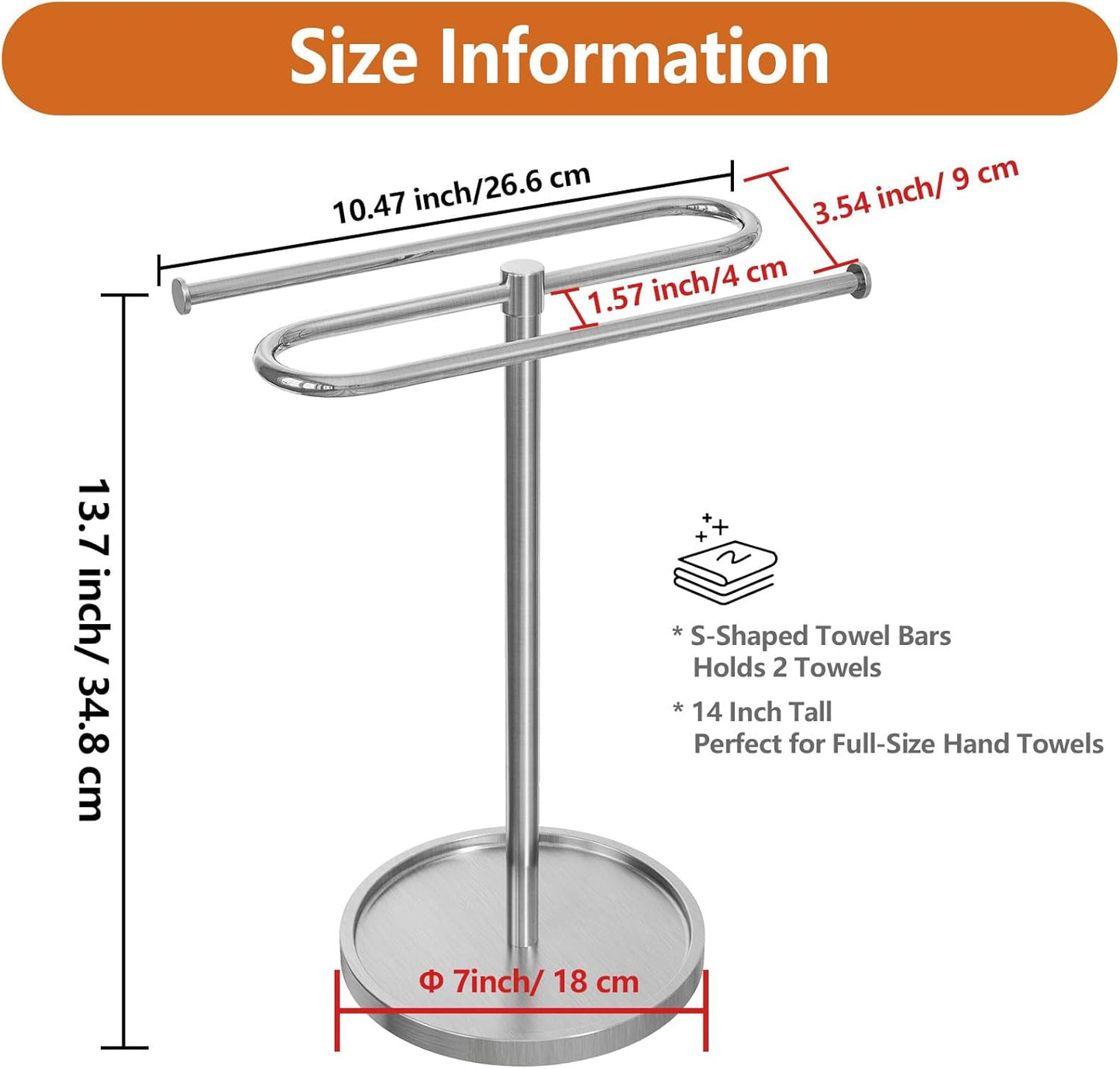 Hand Towel Holder, Stainless Steel Countertop Towel Stand for Bathroom, S-Shape Free Standing Towel Rack Bar Holds 2 Towels for Kitchen, Brushed Nickel