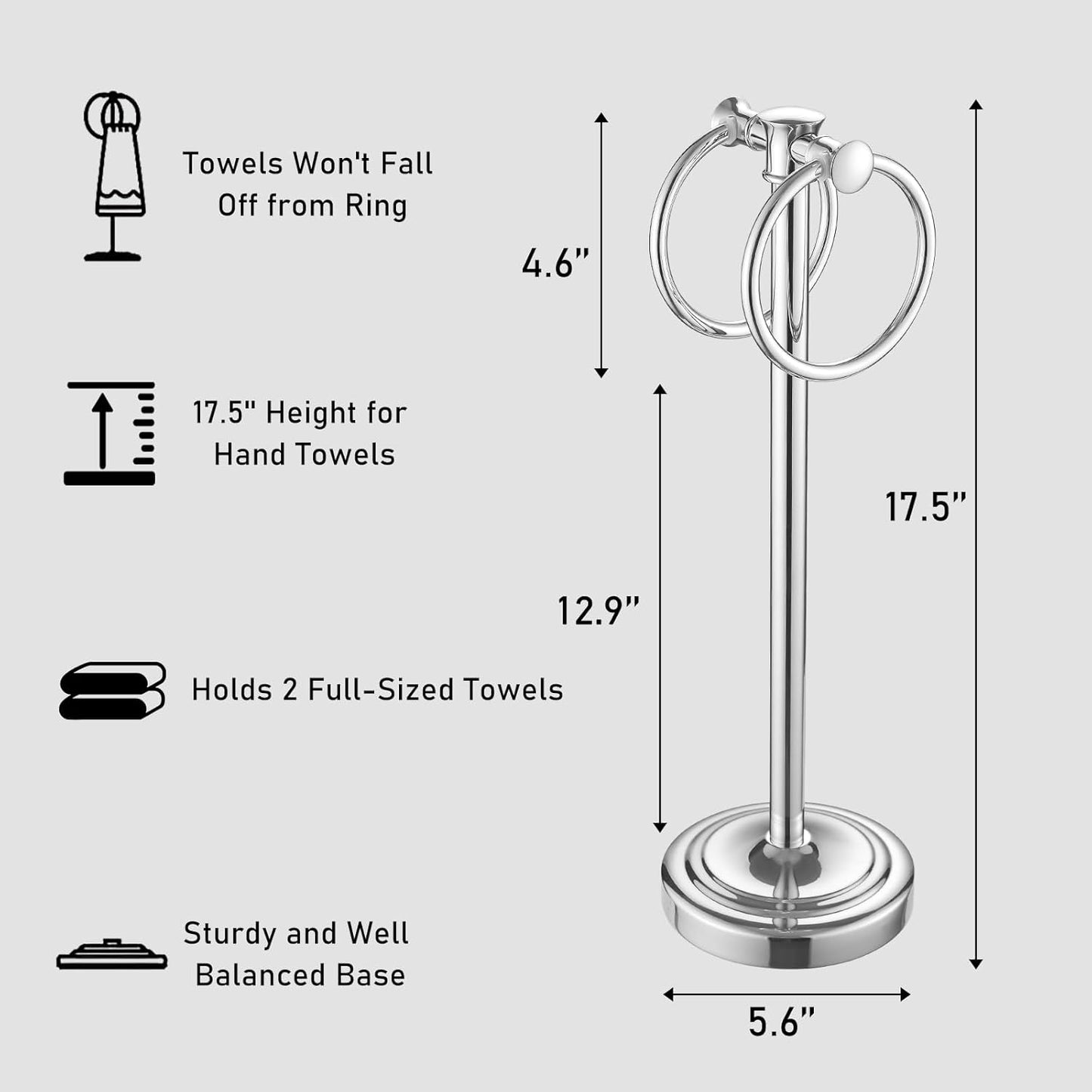 Hoimpro 17" Polished Chrome Standing Towel Rack Bracket, Double Towel Ring Free Hand Towel Stand Holder Bathroom Hardware Accessories Set Towel Bar for Bathroom Vanities and Kitchen Countertops