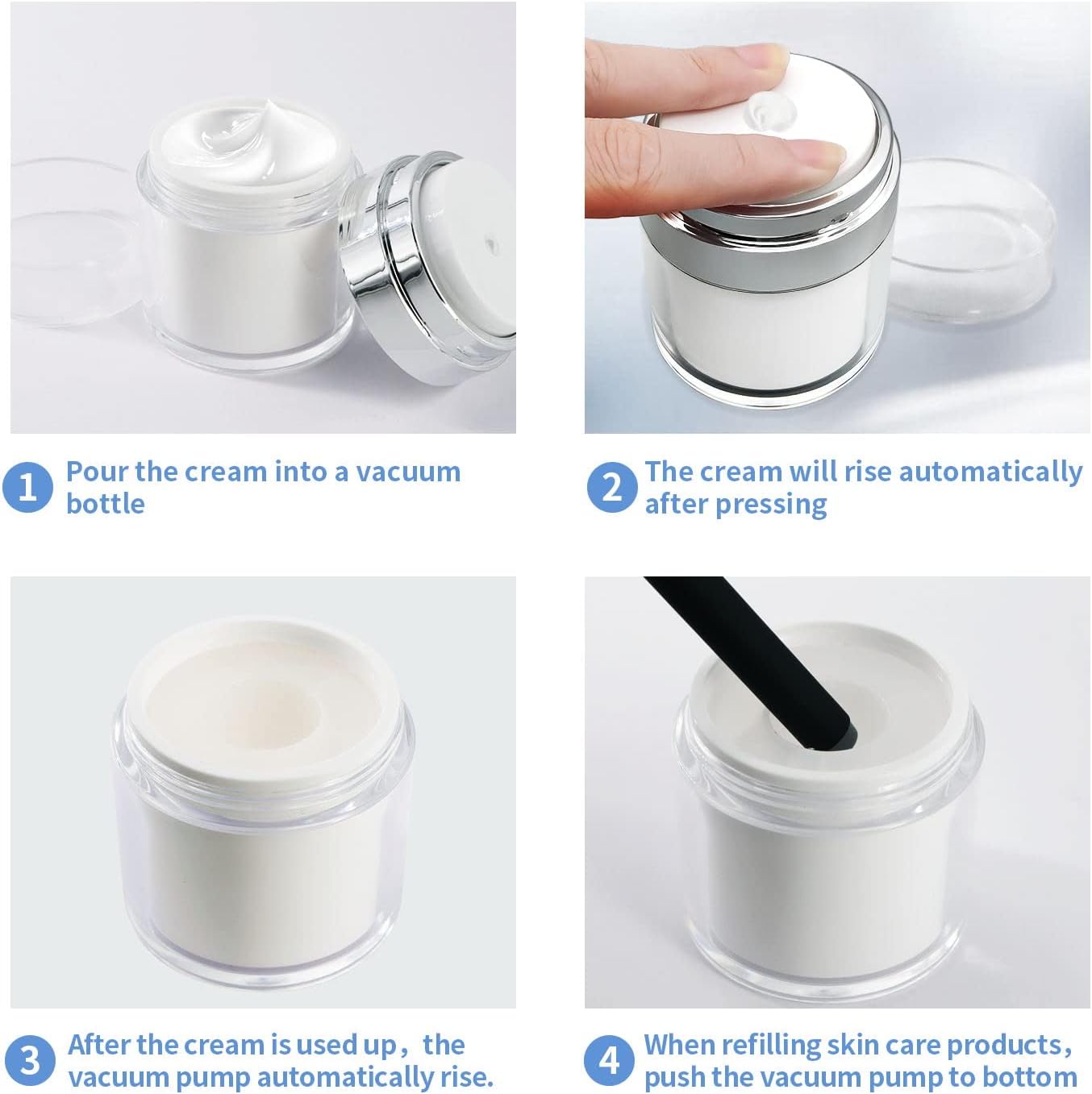 2Pack Airless Pump Jars with Cosmetic Spatula, 3.5 oz Empty Refillable Cosmetic Air Pump Jars Bottles Airless Lotion Cream Dispenser Portable Travel Makeup Containers (Silver)