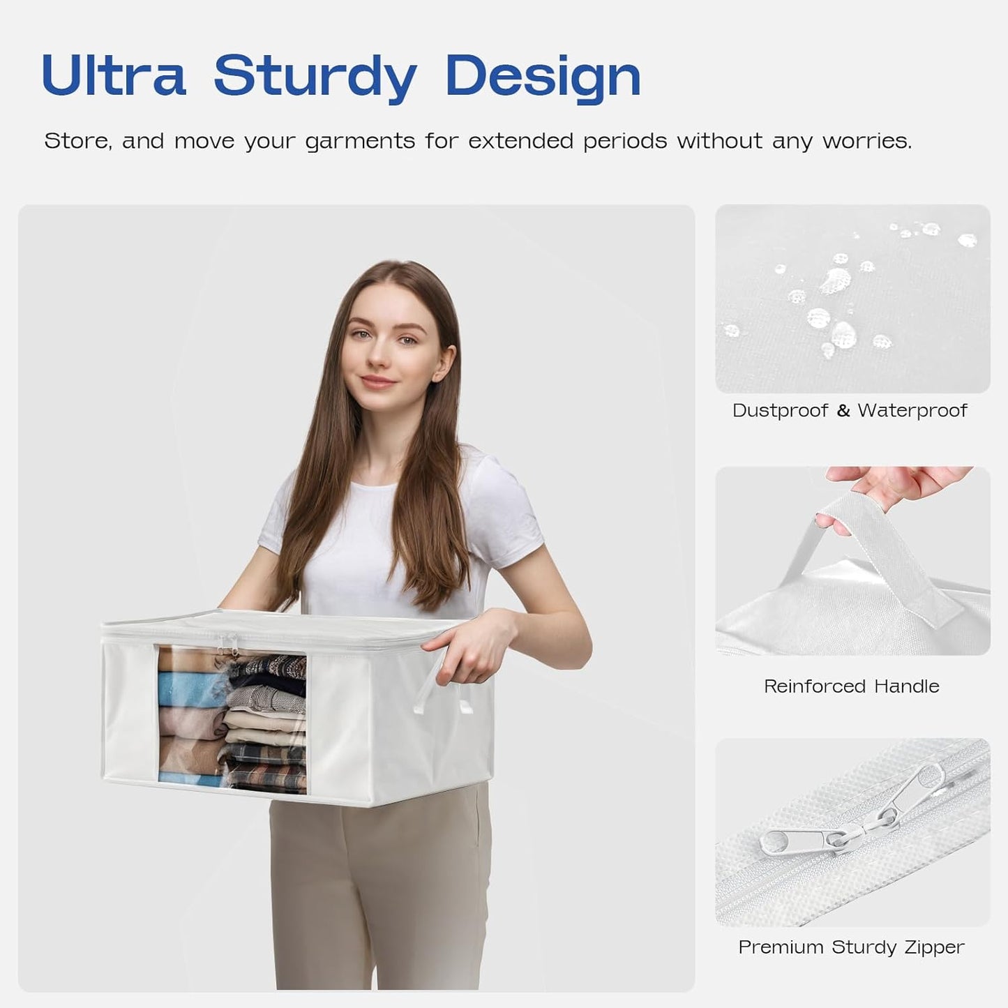 Clothes Storage Bags, Foldable Thick Fabric Blanket Storage Bags, Large Clear Window & Carry Handles, Great for Clothes, Blankets, Closets, Pillows, Toys (White, 6PACK)