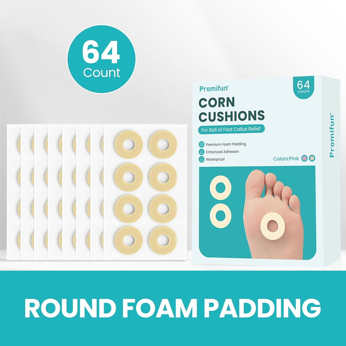 Callus Cushions for Bottom of Foot - Round Foam Padding with Water-Resistant Self-Stick Adhesive - Corn Cushions for Toes and Feet, Reduce Pain, Pressure and Friction from Shoes (Beige, 64 Count)