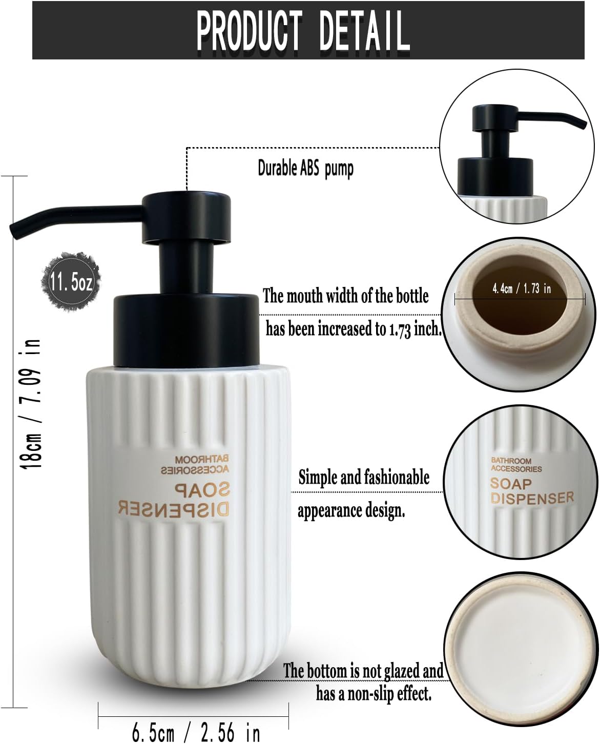 11.5 Oz Foaming Soap Dispenser for Bathroom,Kitchen Foam Soap Dispenser,Refillable Modern Foam Pump Bottle,Black Ceramic Foaming Hand Pump Dispenser (White Stripe)