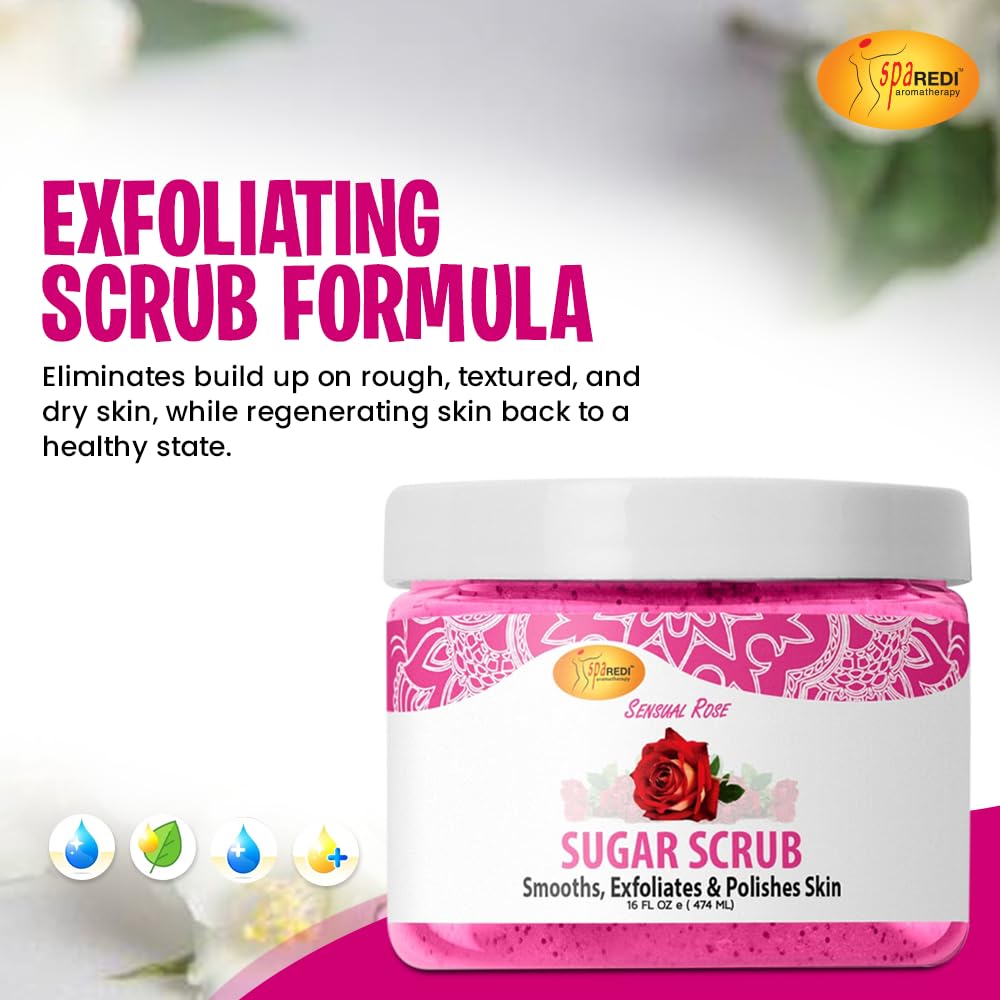 SPA REDI – Sugar Body Scrub, Sensual Rose, 16 Oz, Exfoliating, Moisturizing, Hydrating and Nourishing, Glow, Polish, Smooth and Fresh Skin - Body Exfoliator