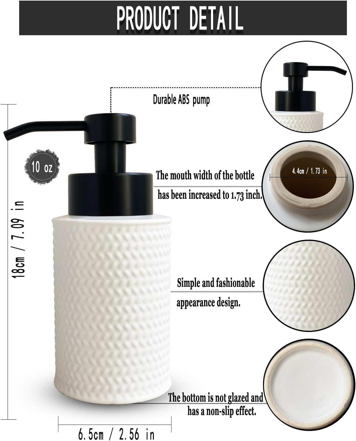 10 Oz Foaming Soap Dispenser for Bathroom,Kitchen Foam Soap Dispenser,Refillable Modern Foam Pump Bottle,Black Ceramic Foaming Hand Pump Dispenser (White Weave)