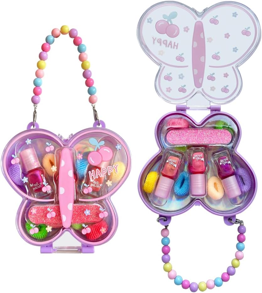 M&U MAKE YOU UP Butterfly Jewelry Case Nail & Hair Set - 3 Quick-Dry Polishes + 5 Fuzzy Elastics | Portable Beaded Clutch for Teens, FashionGift with Floral Charm Party Favors