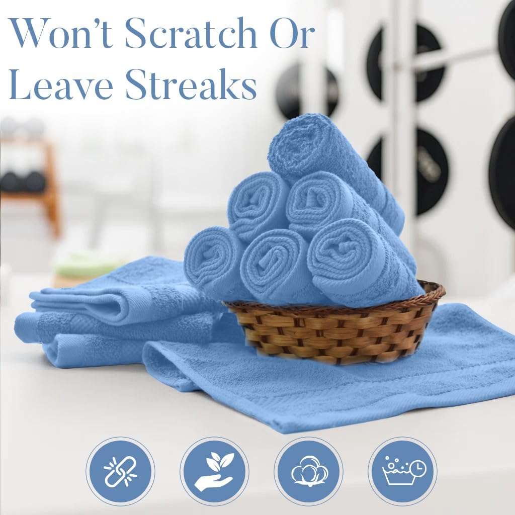 DAN RIVER 12-Pack Premium 100% Cotton Medium Blue Face Towels – Reusable Face Towel Set, Soft & Absorbent washcloths for Showering – Hand and Face Towels, 550 GSM (12x12 in)