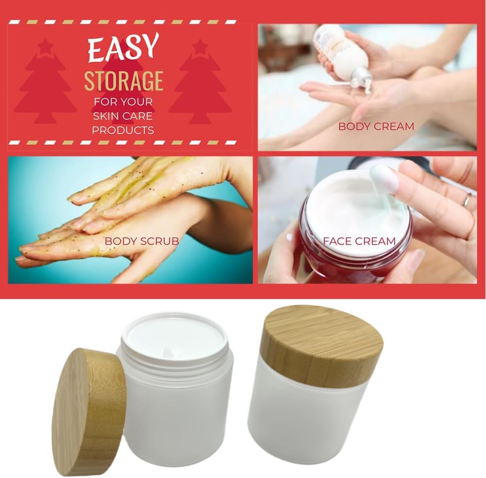 Empty Bamboo Lid Jar 8oz/250g,Refilable Plastic Round Cosmetic Containers for Powder,Body Butter,Cream,Lotion,Wide Mouth Makeup Sample Storage Pot Dispenser(Frost)