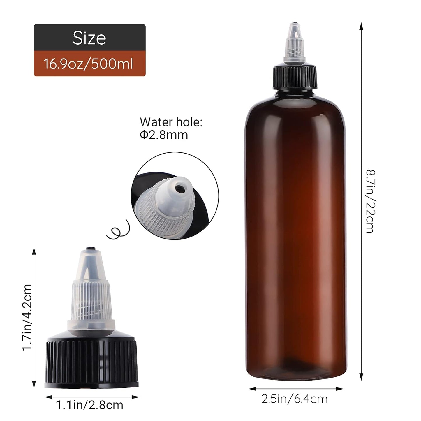 Segbeauty 16.9oz Amber Squeeze Bottles, 2Pcs 500ml Refillable Hair Dye Colored Applicator Bottle with Angled Tip, PET Twist-On Top Tip Plastic Empty Dyeing Tool for Hair Color Perm Oil Salon