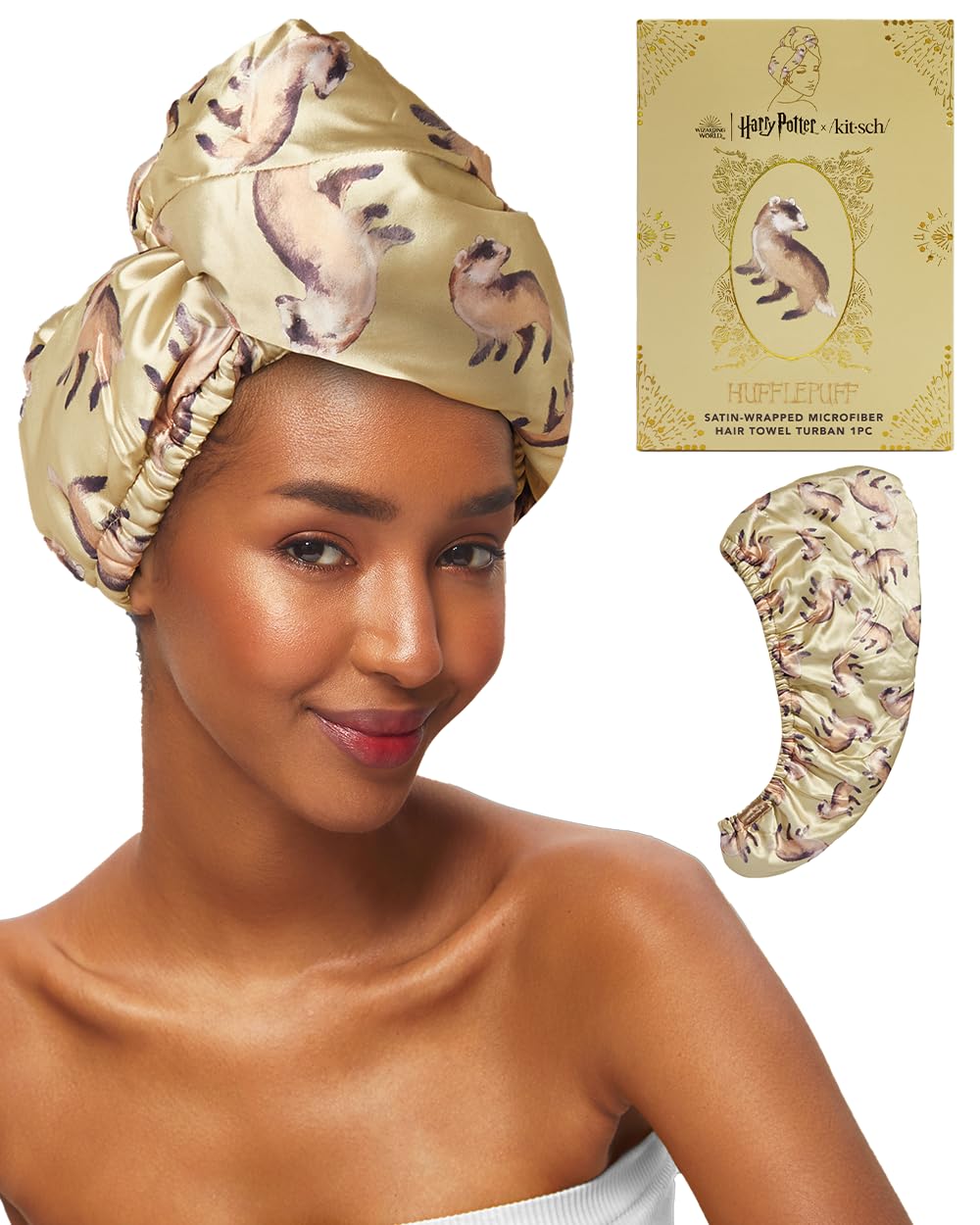 Kitsch Harry Potter x Satin Microfiber Hair Towel Wrap for Women - Super Absorbent, Quick Dry, Anti-Frizz, for Long & Short Hairs, Turbans for Women, Hair Wrap - Hufflepuff