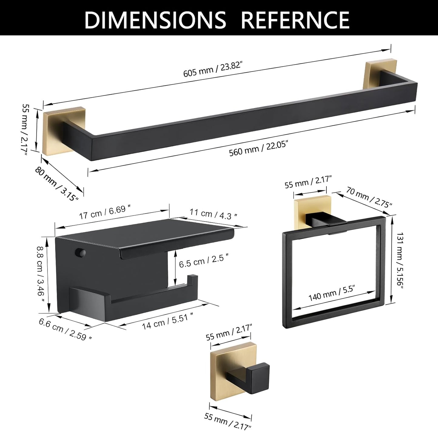 5 Pieces Bathroom Hardware Set Black and Gold Towel Bar Set, Toilet Paper Holder with Shelf, Towel Holder Set in Bathroom, Wall Mounted Stainless Steel, 23.6 Inches