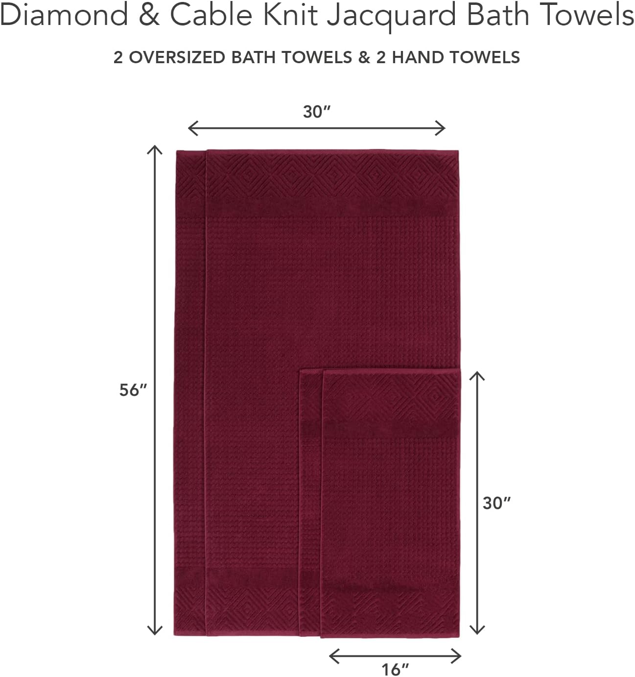 Texere 100% Organic Cotton Diamond Jacquard 700 GSM Luxury Bath Towel Sets - Ultra Soft and Absorbent Hotel and Spa Quality (Diamond, Merlot, 2 Bath & 2 Hand Towels)