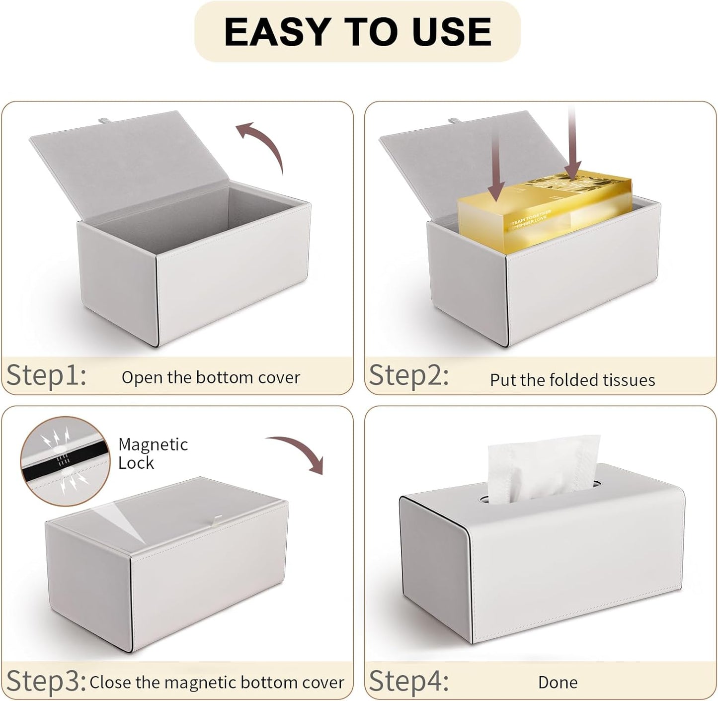 KINGFOM Tissue Box Cover, PU Leather Rectangular Tissue Box Holder with Magnetic Bottom Cover for Facial Tissues/Napkins, Office & Living Room Decor Box (Ivory White)