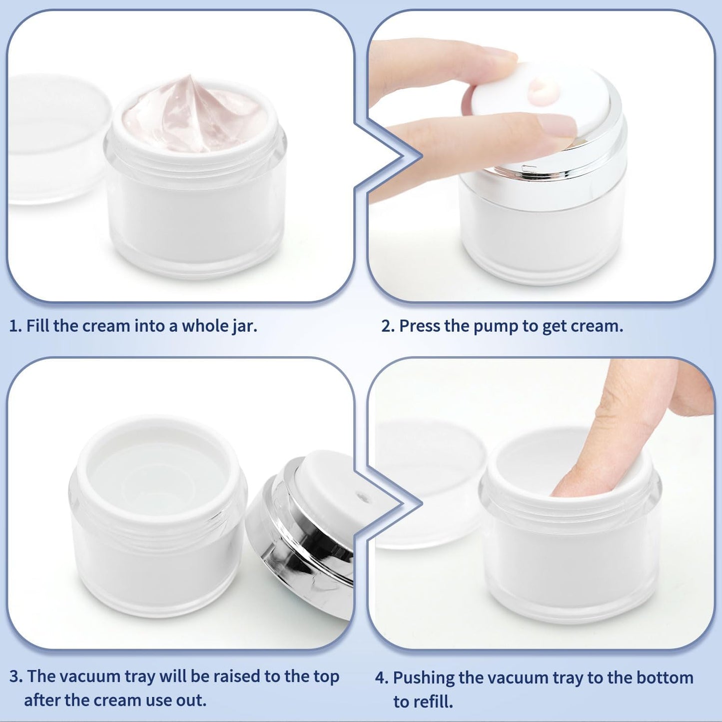 2 Pcs Airless Pump Jar, Refillable Cream Jar Vacuum Bottle Travel Size Empty Container for Cream and Lotion (2 x 1oz)