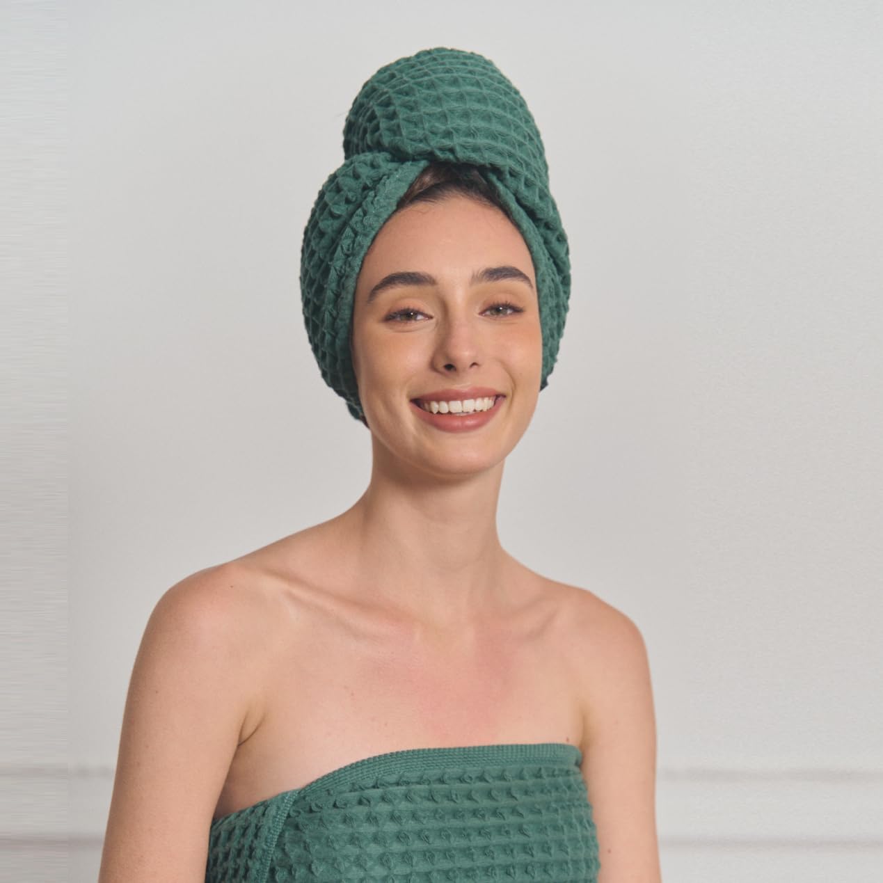 Hair Towel | 100% Cotton Silk Hair-Drying Waffle Wrap Turban for Women, Ultra-Absorbent, Anti Frizz, Hair Damage Protection for Straight and Curly Hair (Forest Green, 2 Pack)