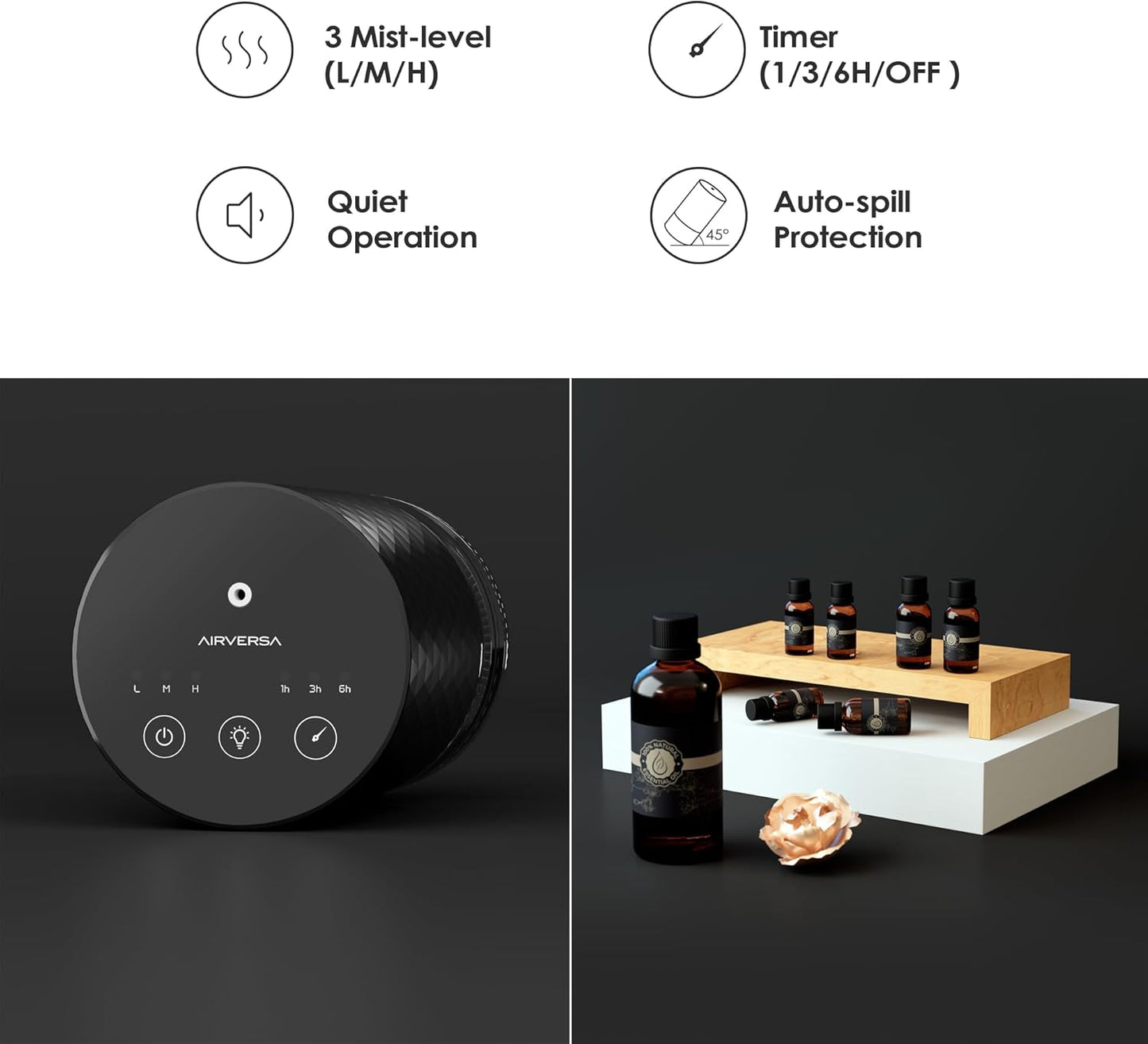 Waterless Diffuser Essential Oil 100mL Capacity Scent Air Machine for Home Aromatherapy Premium Metal Nebulizer Battery Operated 3 Mist Settings 3 Countdown Timers Color Light AN5(Ice Blue)