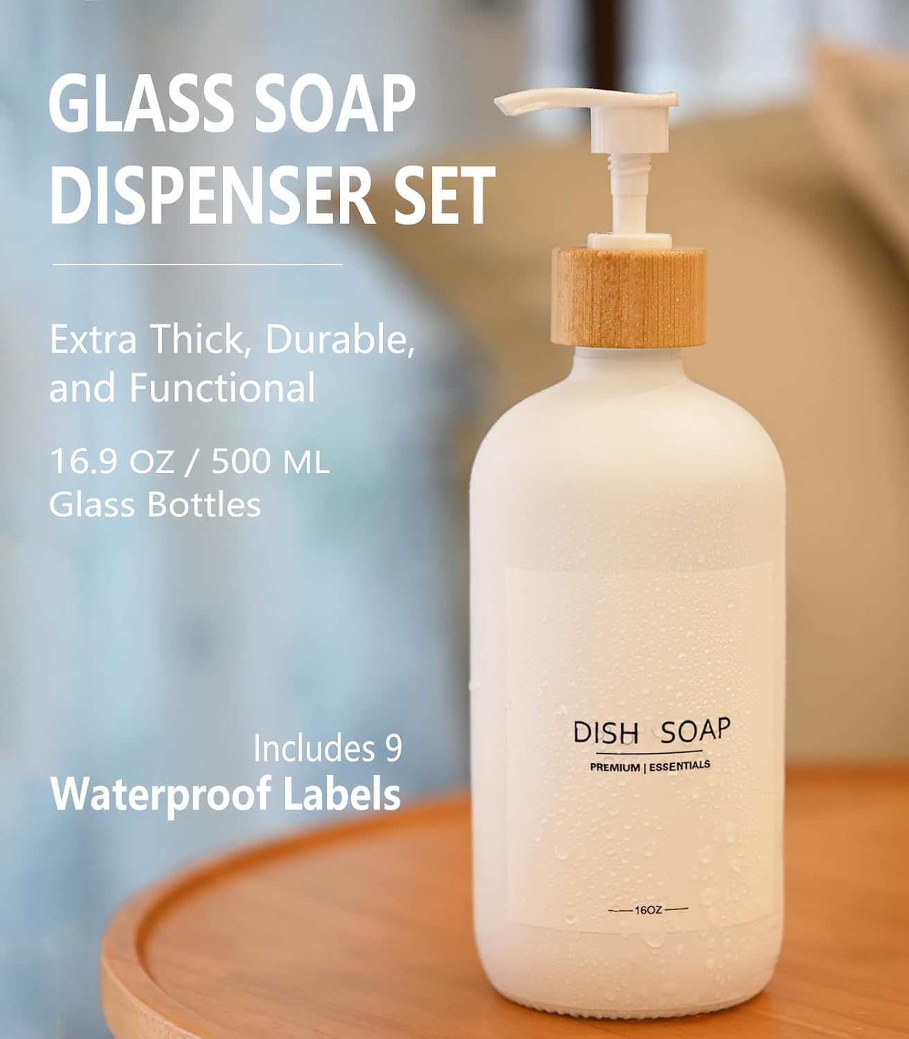 Luxury Glass Soap Dispenser Set - 2 Refillable 16.9oz Bottles, Bamboo Pump & Tray for Farmhouse & Modern Decor, 9 Waterproof Labels for Kitchen/Bathroom (White Bottle+White Bamboo Pumps+Tray)