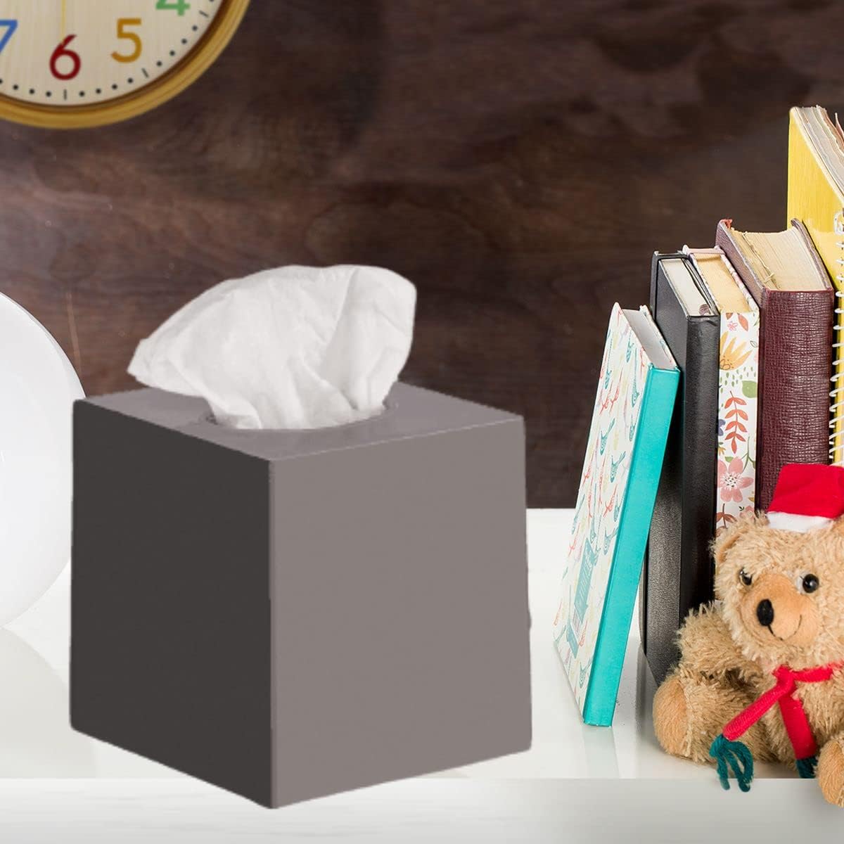 DWËLLZA Home Gray Tissue Box Cover Square - Plastic Facial Tissue Box Holder Vessel Dispenser - Decorative Cube Tissue Holder for Bathroom, Vanity Countertop, Dresser, Bedroom, Office Grey Decor