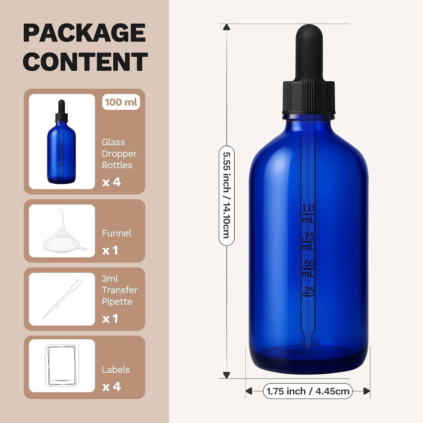 Bumobum 100ml Dropper Bottle, Blue Glass Dropper Bottle with Measured Dropper, 3.4oz Empty Eye Tincture Bottles with Funnel, Pipette & Labels for Essential Hair Oils Serums, 4 Pack