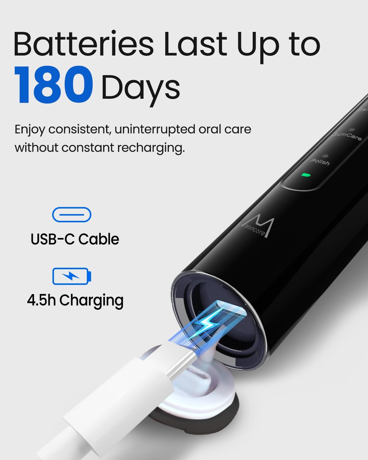 Electric Toothbrush for Adults, Rechargeable Sonic Travel Toothbrush Teens with 4 Brush Heads-180 Days Battery Life, 55000VPM, 5 Modes Smart Timer& Travel Case, Black