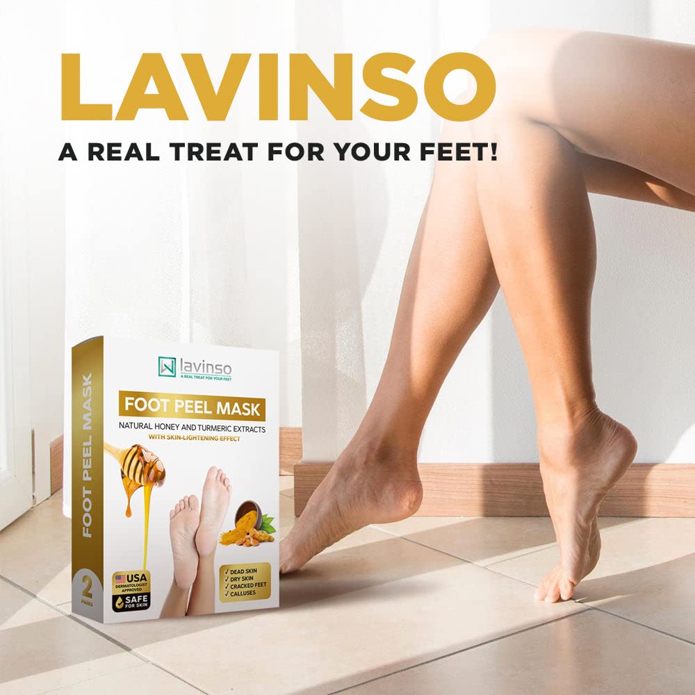 Lavinso Honey Foot Exfoliator Peeling Mask for Dry Cracked Feet - 3 Pack - Remove Dead Skin and Callus - Foot Peel Mask for Baby Soft Feet