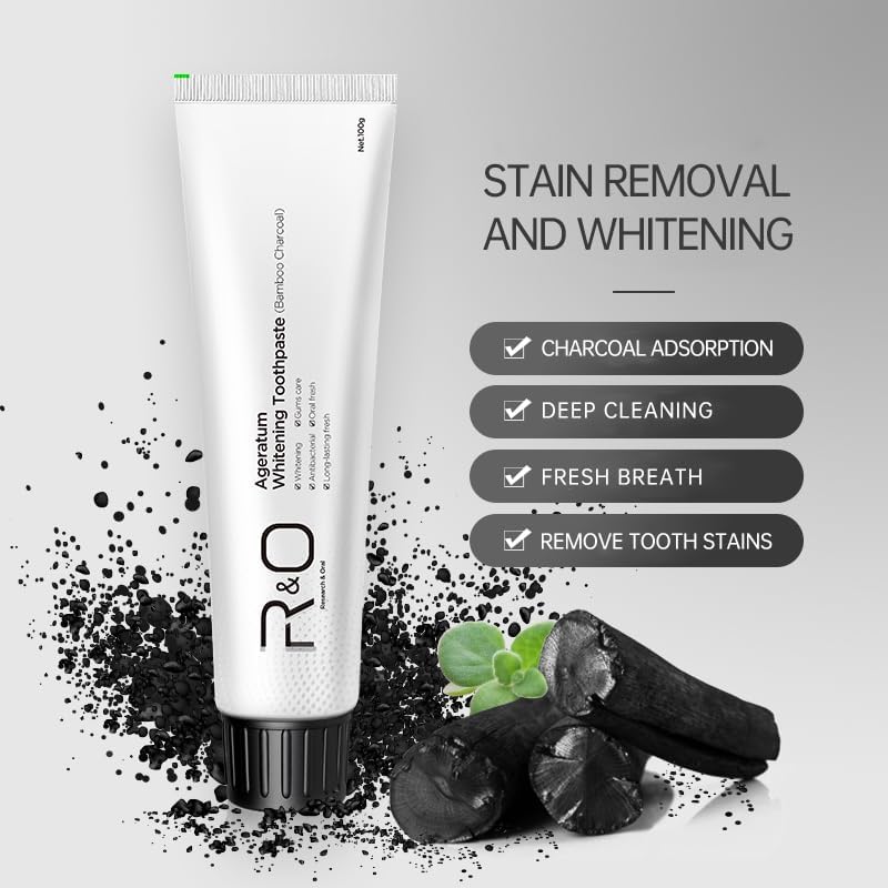 R&O Ageratum Whitening Toothpaste with Bamboo Charcoal, 3.53 oz - Great for Teeth Whitening, Removes Stubborn Stains, Long - Lasting Fresh Breath, Reduces Plaque, Promotes Oral Health