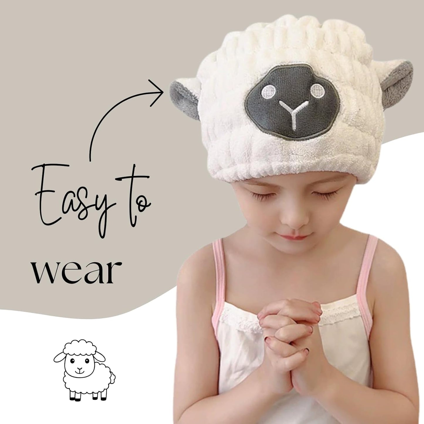 Microfiber Hair Towel Wrap for Kids, White Sheep Dry Hair Cap Suck Water, Absorbent Quick Girls Boys Hair Drying Towel, Lightweight Bouncy Hat Headscarf