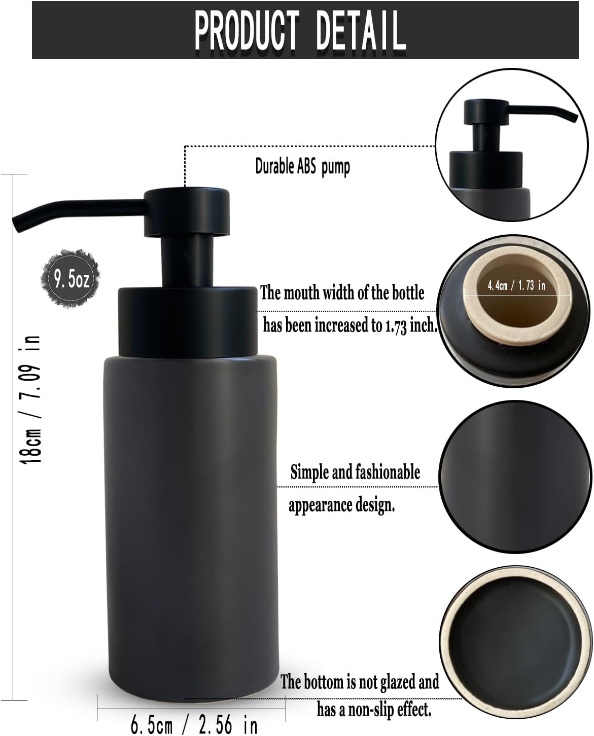 9.5 Oz Foaming Soap Dispenser for Bathroom,Kitchen Foam Soap Dispenser,Refillable Modern Foam Pump Bottle,Black Ceramic Foaming Hand Pump Dispenser (Black)