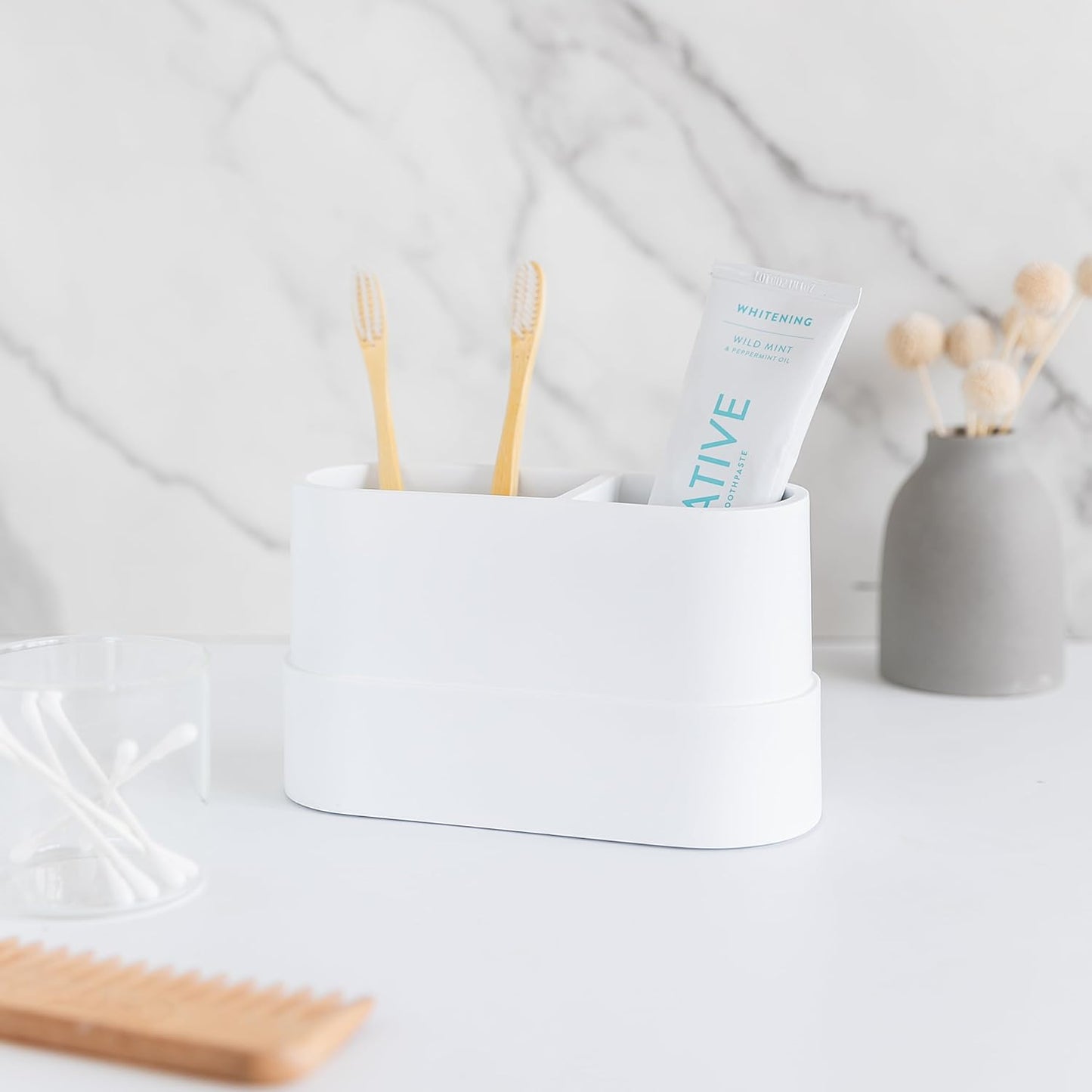 Matte White Large Toothbrush and Toothpaste Holder and Cup for Bathroom Vanity and Countertop, Round Organizer for Electric Toothbrushes, Floss, Razors, Cotton, and Mouthwash