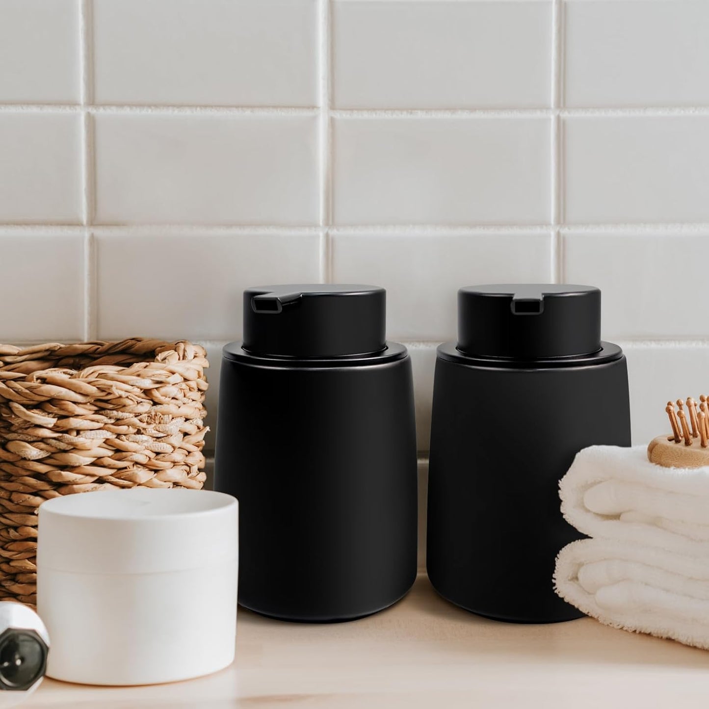 Ceramic Foam Soap Dispenser 2 Pack, 12oz Matte Black Lotion Hand Sanitizer Soap Dispenser with Easy-to-Press Pump for Bathroom & Kitchen Countertop Refillable