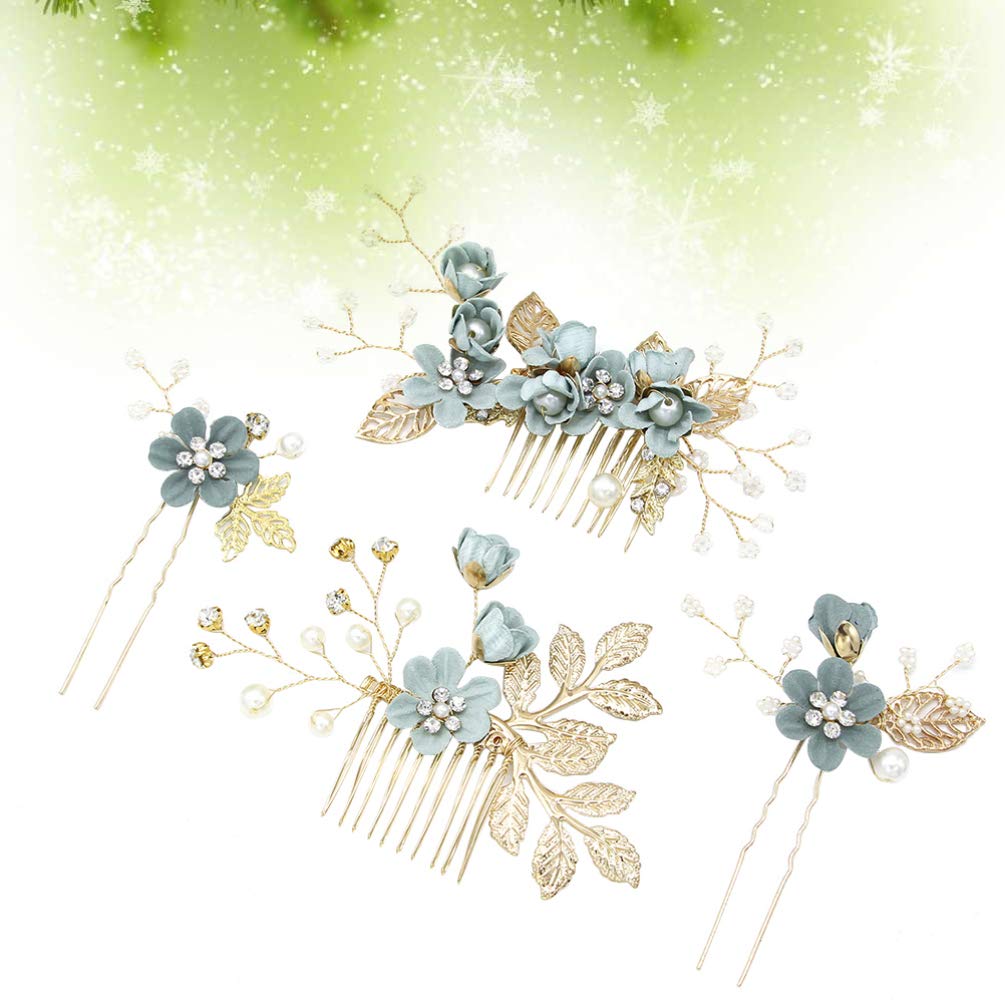 Kisangel Rhinestone Pearl Hair Accessories - 4pcs Floral Hair Combs, Hair Clips, and Wedding Hair Comb Set for Brides (Green)