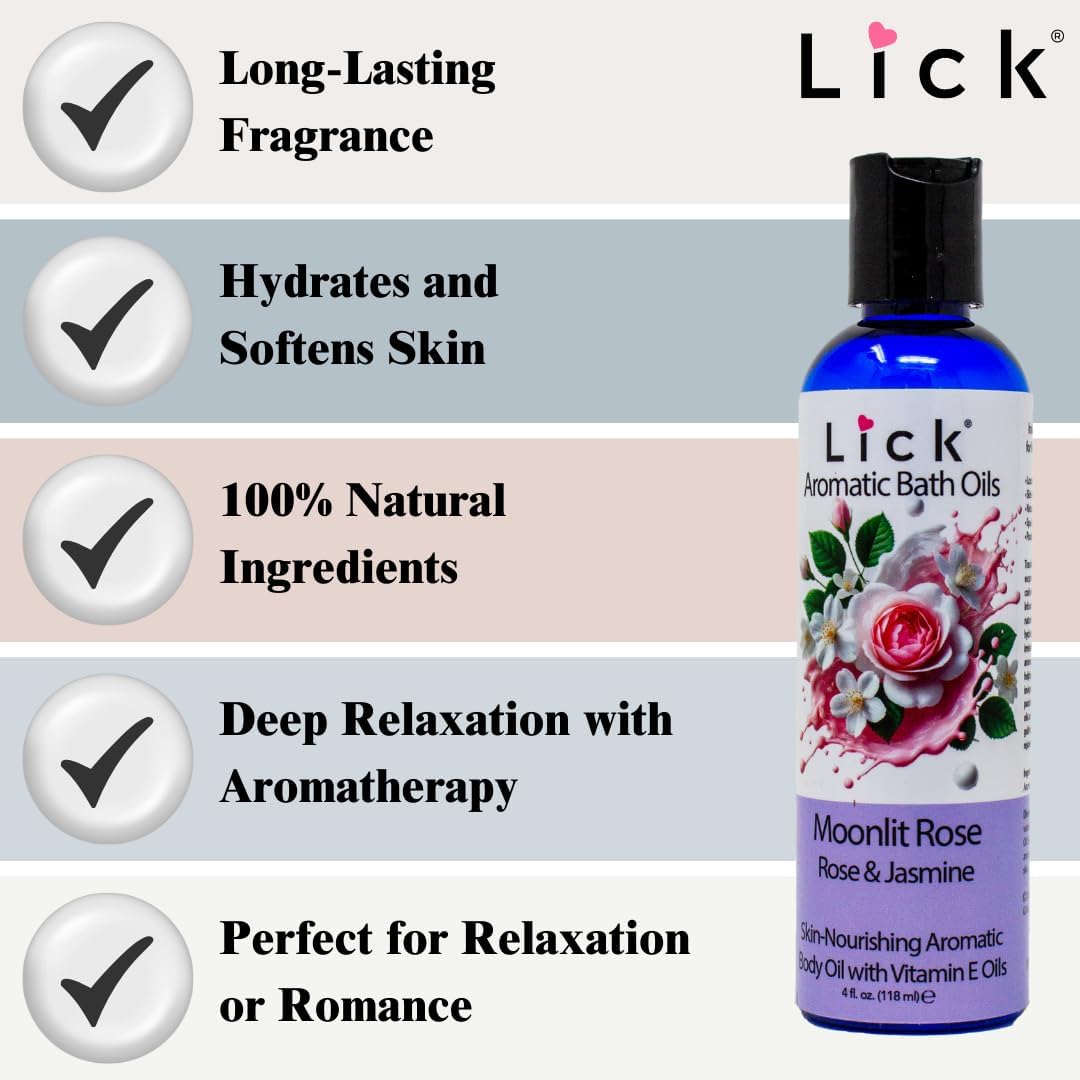 Lick Moonlit Rose Aromatic Bath Oil - Rose and Jasmine. Natural Sweet Almond, Vitamin E & Jojoba Oils a Luxurious Experience for Women. Moisturizes Dry Skin, 12 Enchanting Aromas, Made in USA 4 fl oz