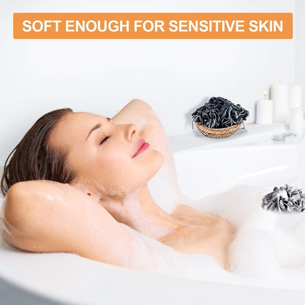 Loofah Bath Sponge, Novosun Soft Shower Sponge Set Extra Large Mesh Pouf Scrubber for Men and Women Exfoliate,Wash Sponge,Cleanse,Soothe Skin Pack of 4, XL 75g