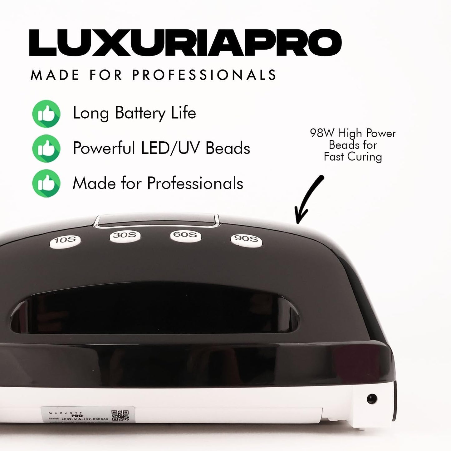 MakarttPro LuxuriaPro 98W Professional UV LED Nail Lamp | 42 Powerful LEDs for Fast and Efficient Curing Gel Nails | Rechargeable 5200mA Lithium Battery | Cordless Nail Dryer (Luxe Black)