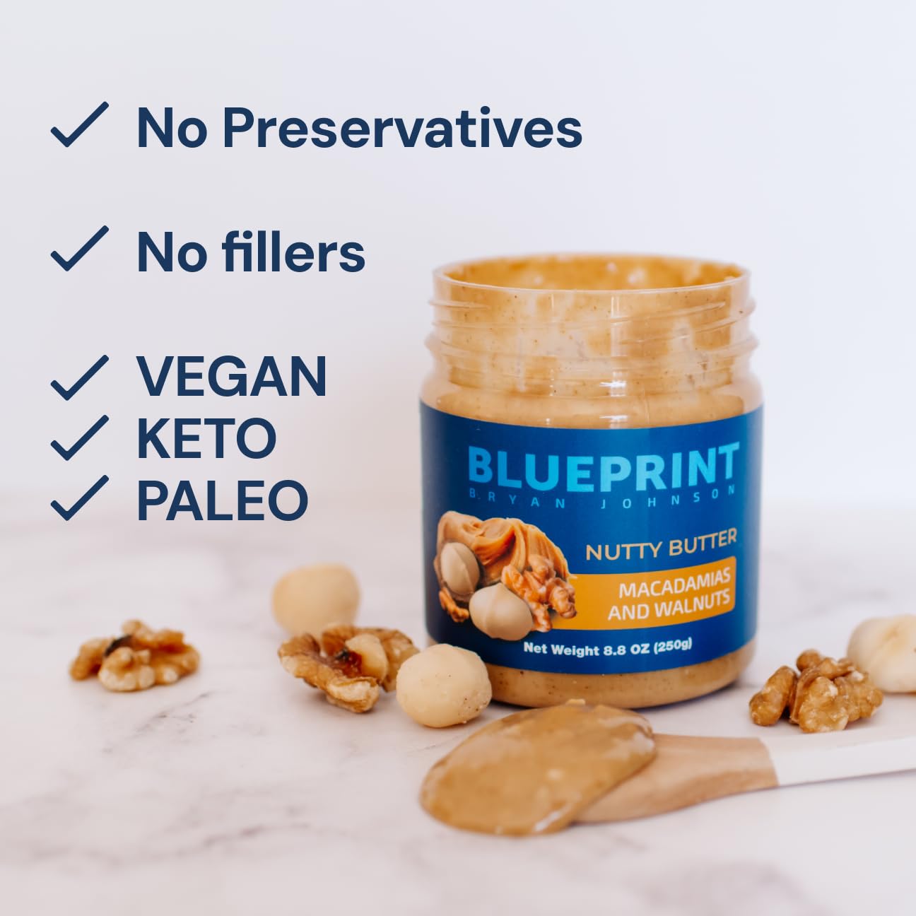 Blueprint Bryan Johnson Nutty Butter – Chunky Macadamia Nut Butter with Walnut – No Palm Oil, No Added Sugar – Just 3 Ingredient Nut Butter– Keto, Vegan, Paleo – Low Carb Nut Butter Snack – 8.8oz Jar