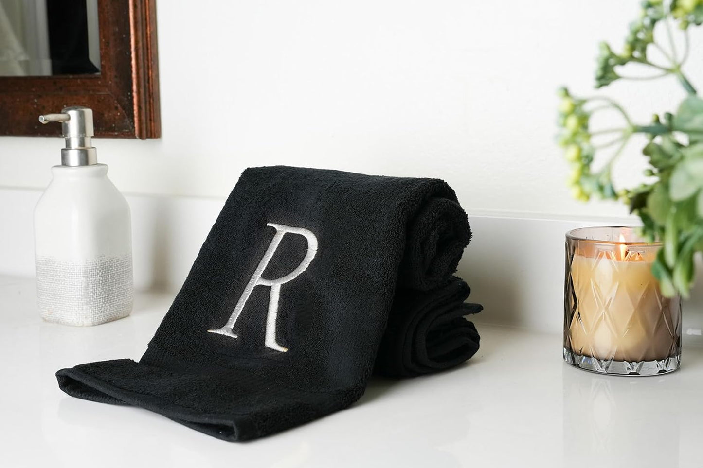 White and Black Monogrammed Hand Towel - Monogram Initial Hotel Quality Decorative Embroidered Luxury Towel for Powder Room, Spa - GOTS Organic Certified - Pack of 2, Letter R