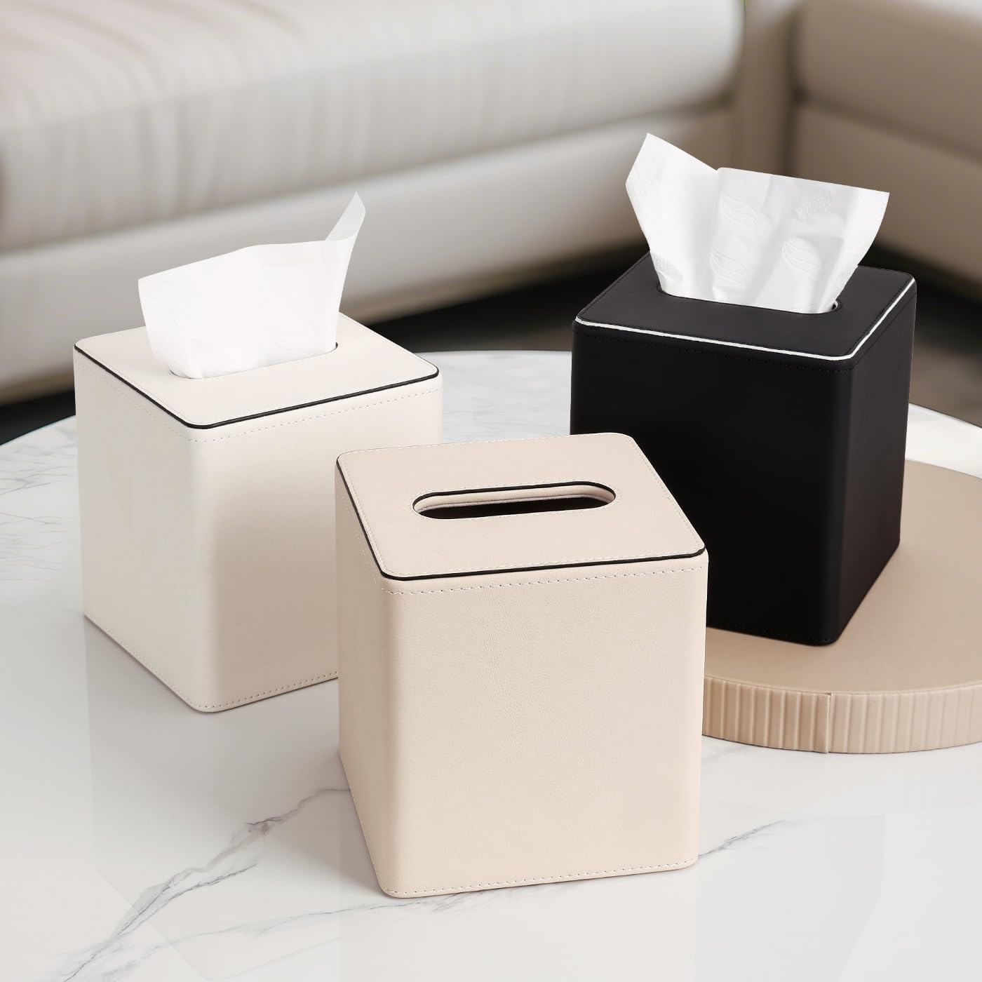 KINGFOM Leather Tissue Box Cover – Square Modern PU Leather Tissue Holder, Cube Tissue Dispenser for Home, Office, Bedroom, Bathroom – Elegant Minimalist Style (Beige-Square)
