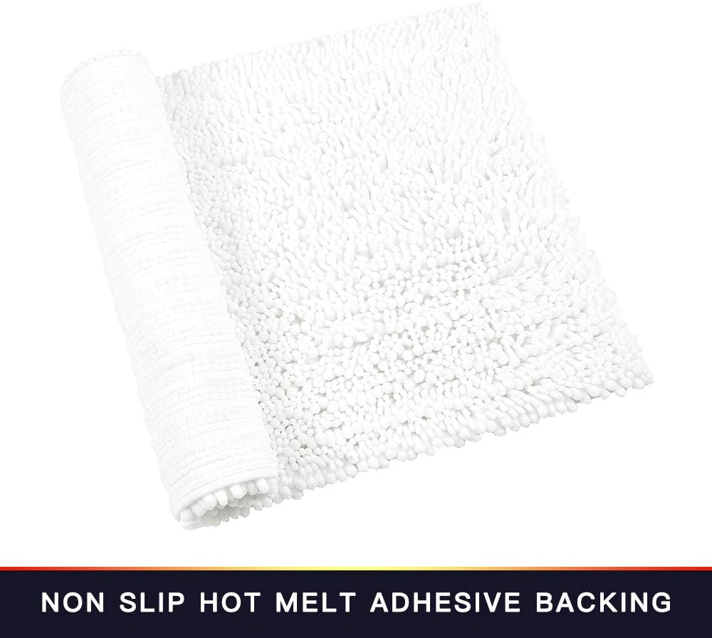 Walensee Bathroom Rug 2 Pieces Set Non Slip Bath Mat (20"x32" Plus 20"x32" White) Water Absorbent Super Soft Shaggy Chenille Machine Washable Dry Extra Thick Perfect Carpet for Shower Floor