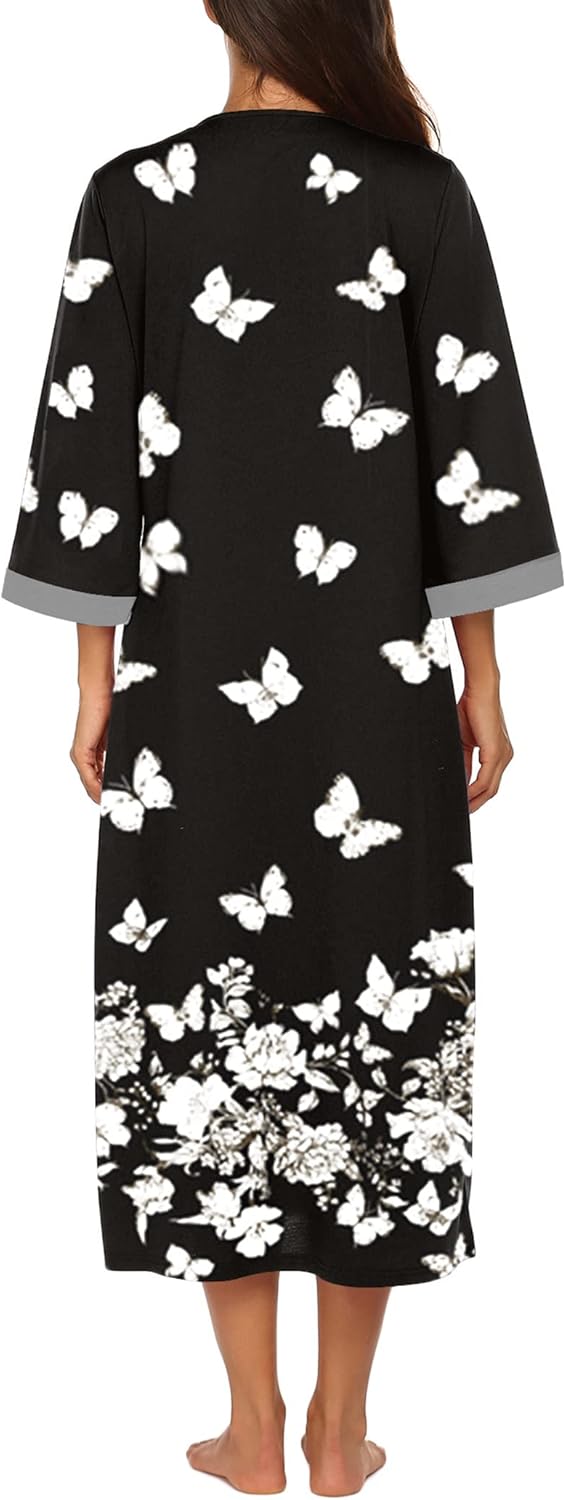 Ekouaer Women Zipper Robe 3/4 Sleeves Loungewear Dress Full Length Sleepwear Pockets Housecoat Nightgown Long Bathrobe