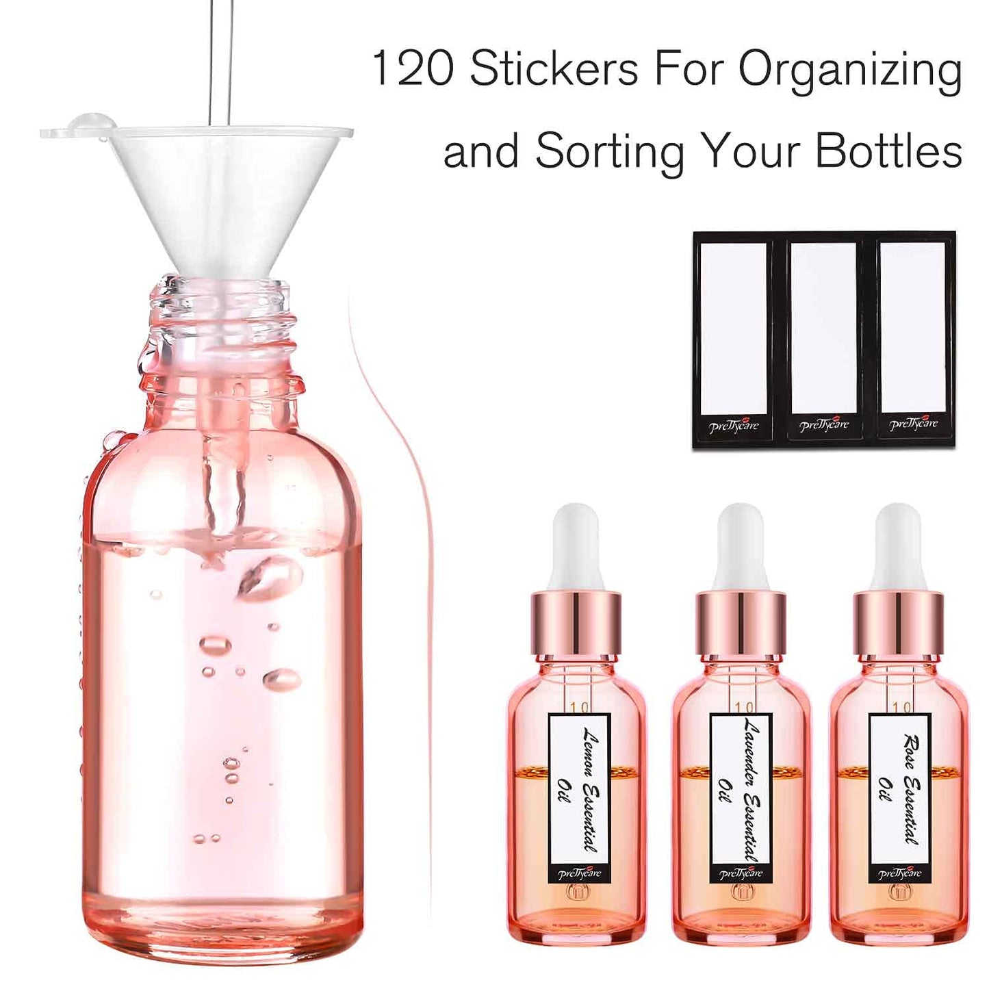 PrettyCare Glass Eye Dropper Bottles 99 Pack, 1oz (30ml) Rose Empty Thick Bottles Bulk with Leakproof Caps - With Labels & Funnels for for Storage, Travel,Essential Oils, DIY Serums