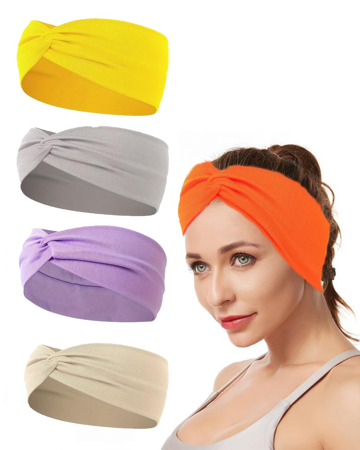 10 Pcs Wide Absorbent Sport Headbands for Women, Non-slip, Stretchy, Soft Cotton Twist Knotted Hair Bands for Daily Workout Yoga Running Sports, CB