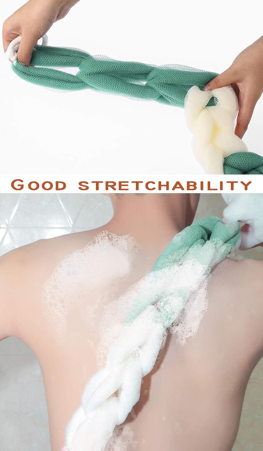 AARainbow 4 Packs Long Stretch Back Sponge with Rope Handles Back Scrubber Bath Shower Mesh Sponge Exfoliating Body Scrub Stretch Braided Loofah for Men and Women (B-1 Grey+1 Green+1 Pink+1 Coffee)