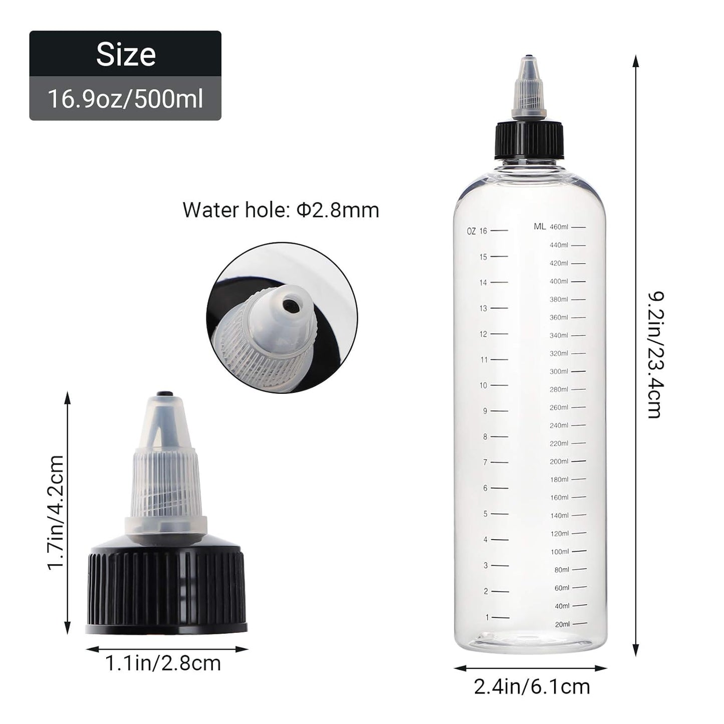 Segbeauty 16.9oz Hair Dye Bottles, Measured Twist-On Top Tip Cap Hair Color Squeeze Bottle with Ratio Graduated Scale, 2pcs 500ml Refillable Empty Hair Color Applicator Bottle Dyeing Tool Transparent