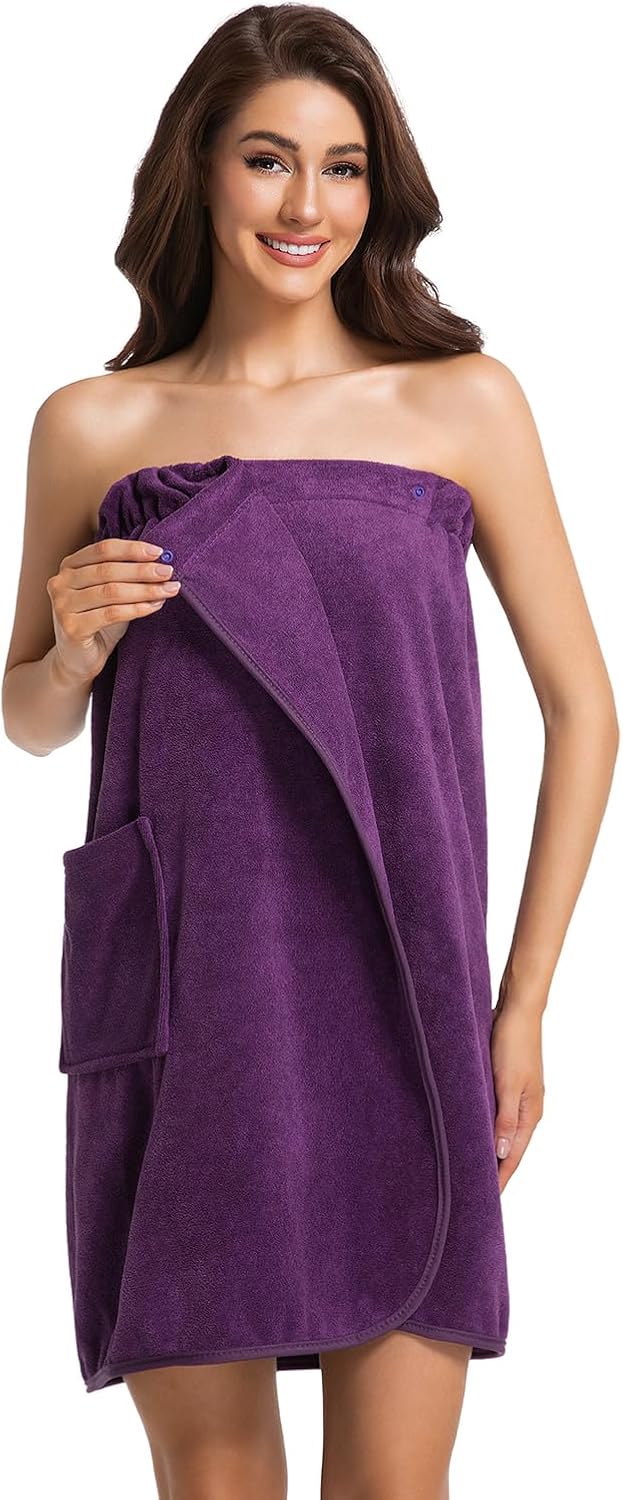Womens Towel Wrap Bath Robe Lightweight Spa Body Wrap Shower Adjustable Snap Closure