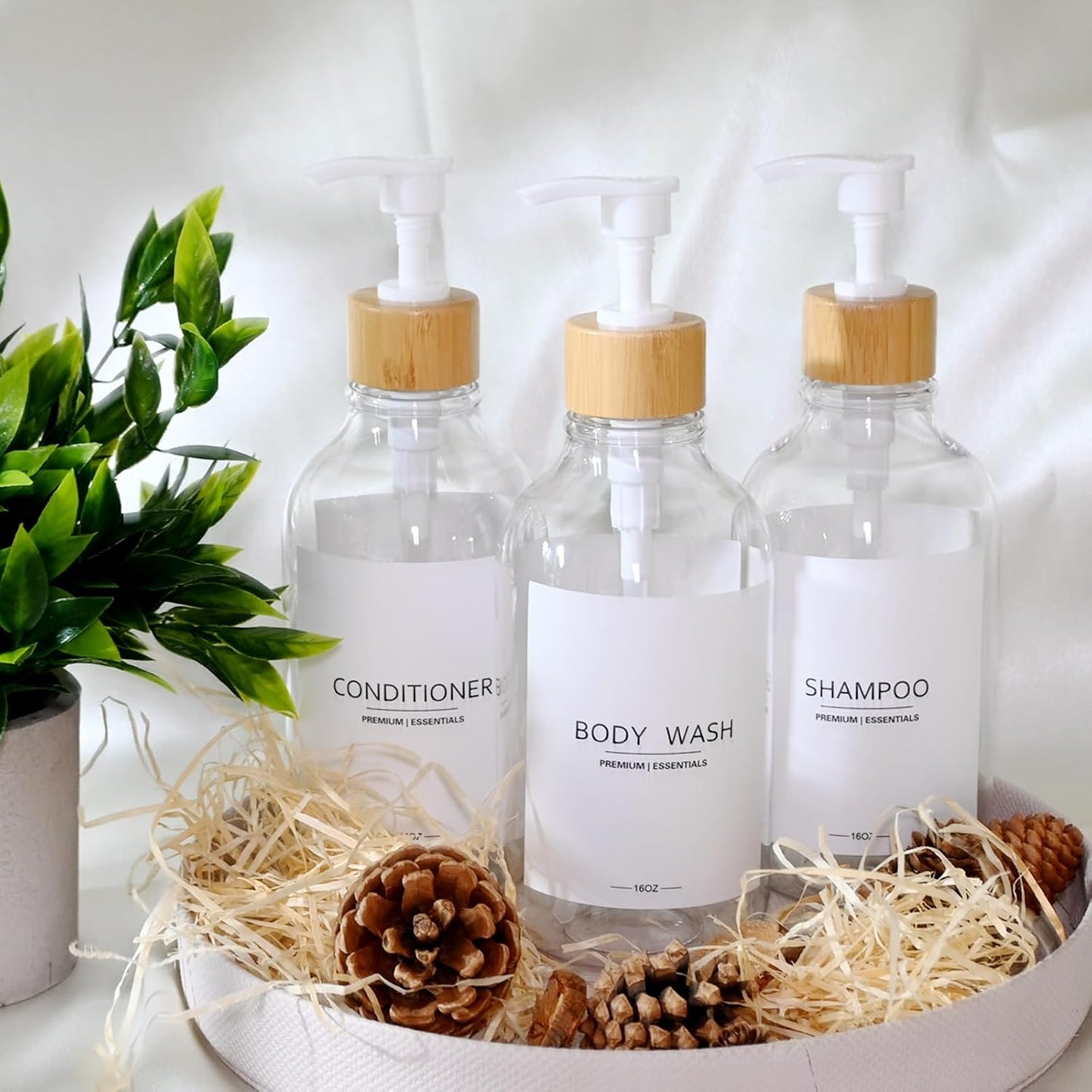 Shower Shampoo and Conditioner Bottles, Apothecary Dispenser Bamboo Pump, Refillable Bottles for Lotion Oil Hand Soap and Dish Soap, Plastic Set (3 Bottles 9 Labels) (3, Clear)