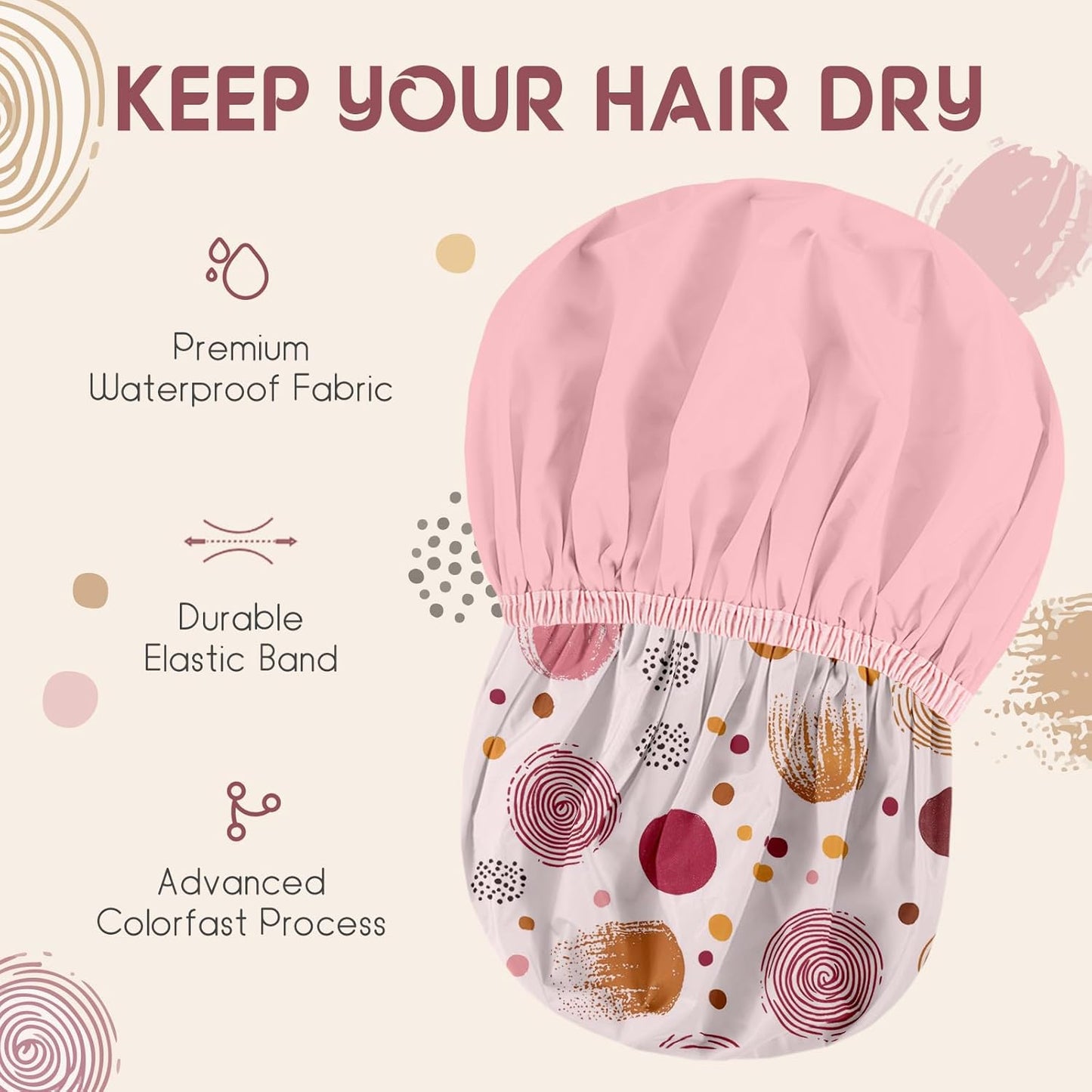 Years calm Luxury Shower Caps for Women Reusable Waterproof – Polka Dot Double Layer Bath Cap with Adjustable Elastic for Braids & Long Hair, Comfortable & Stylish, Versatile Use (Pink)