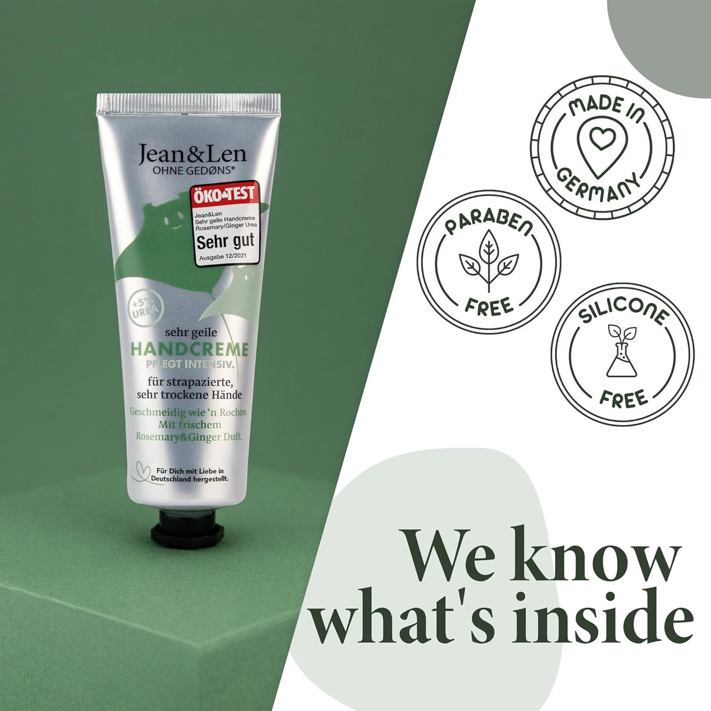 Jean & Len Hand Cream Rosemary & Ginger, with urea, hand care for dry and chapped hands, moisturizes and nourishes intensively, hand cream tube, 2.54 ml