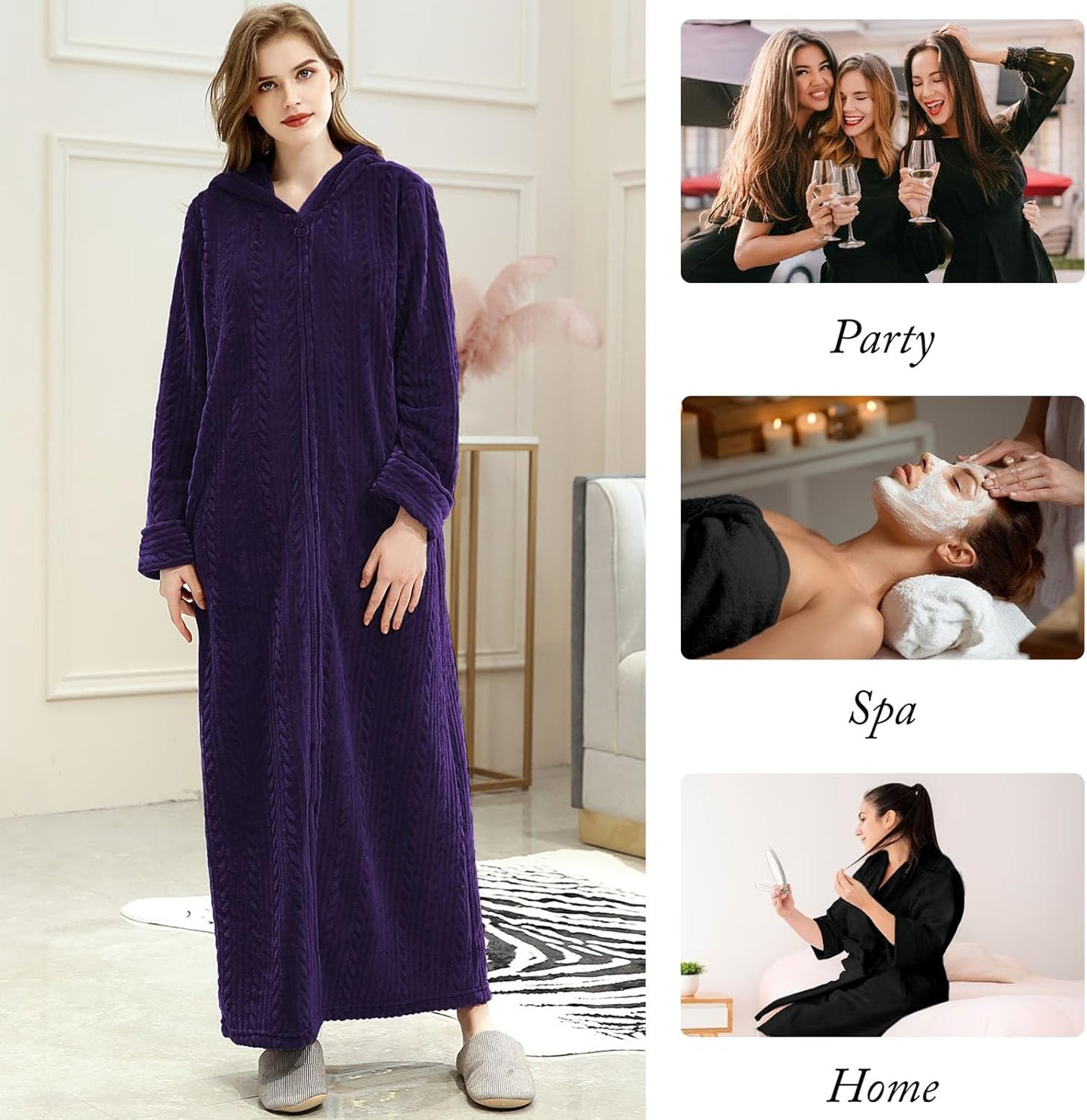 Hellomamma Long Hooded Zipper Bathrobe for Womens Flannel Fleece Robes Winter Warm Housecoat Nightgown Sleepwear Pajamas