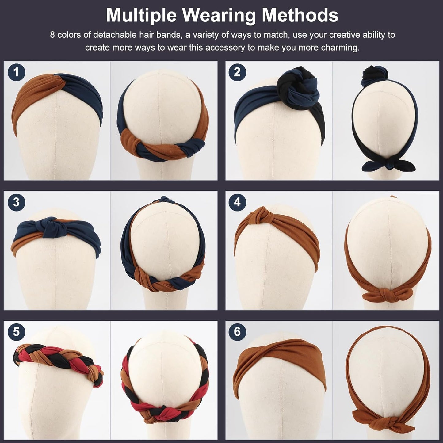 DRESHOW 8 Pack Adjustable Knotted Headbands Non Slip Elastic Yoga Hair Bands Solid Colors Headbands for Women and Girls